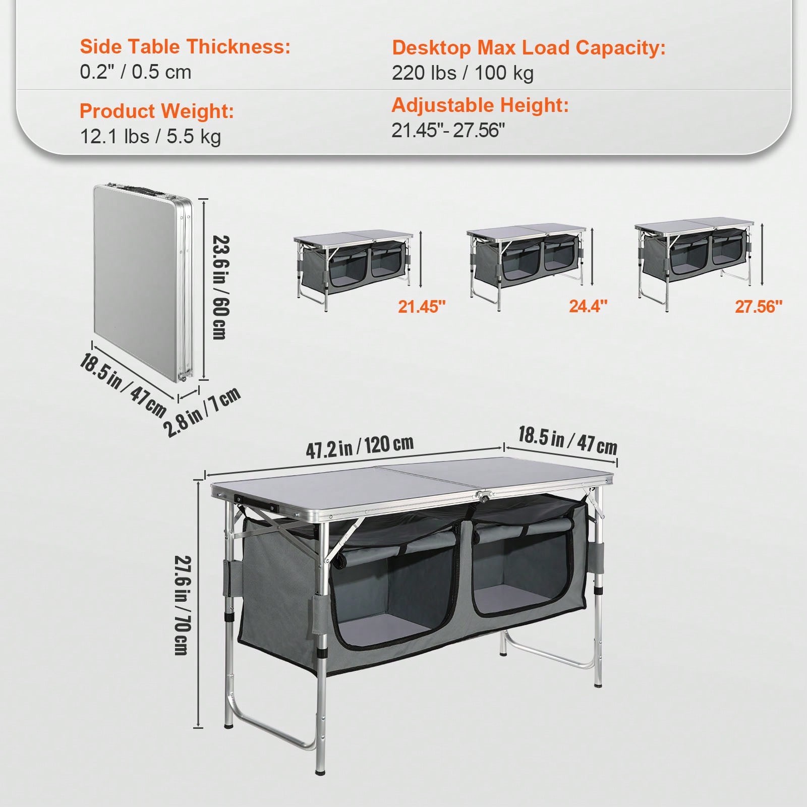 Table, Quick Set-Up Folding Camping Table With A Carrying , 3 Adjustable Heights