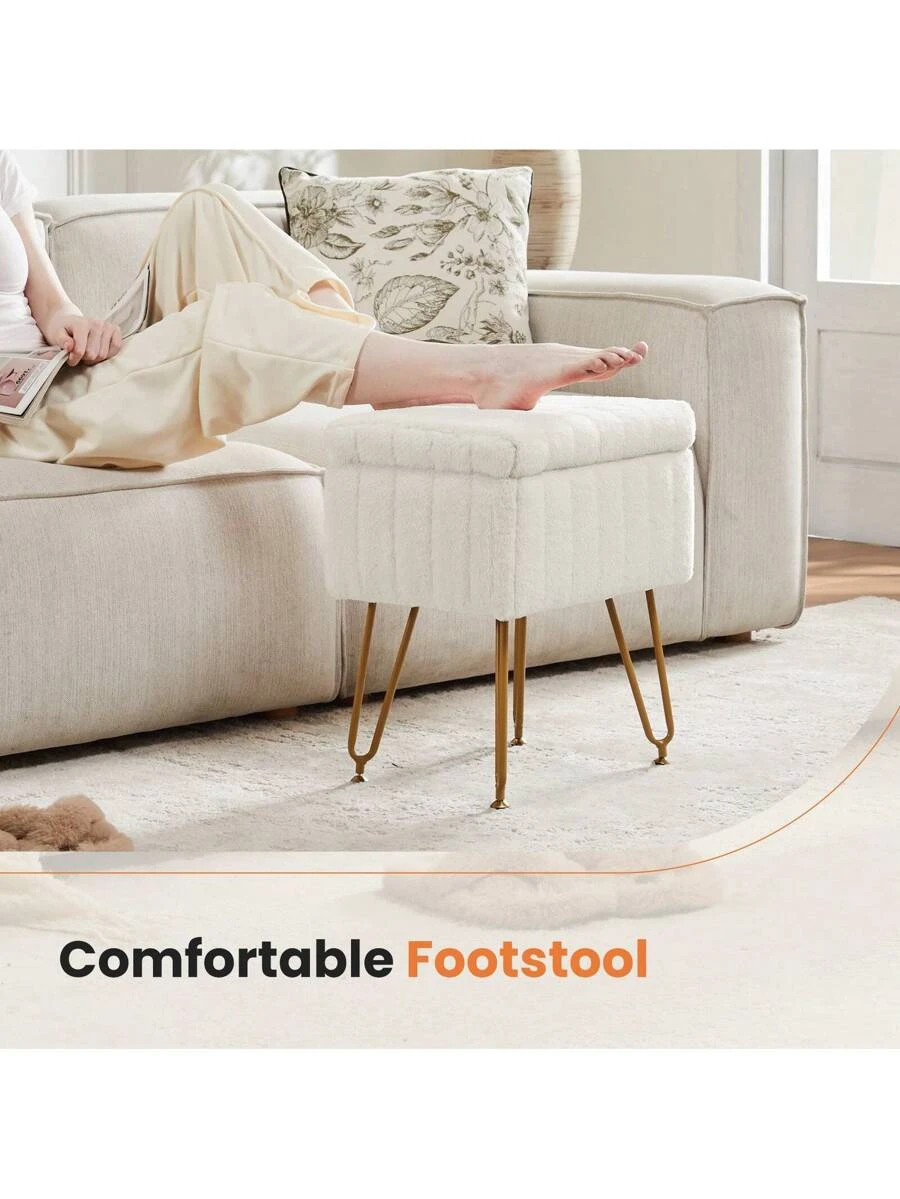Vanity Stool Chair With Storage, Ottoman Faux Fur Soft Padded Makeup