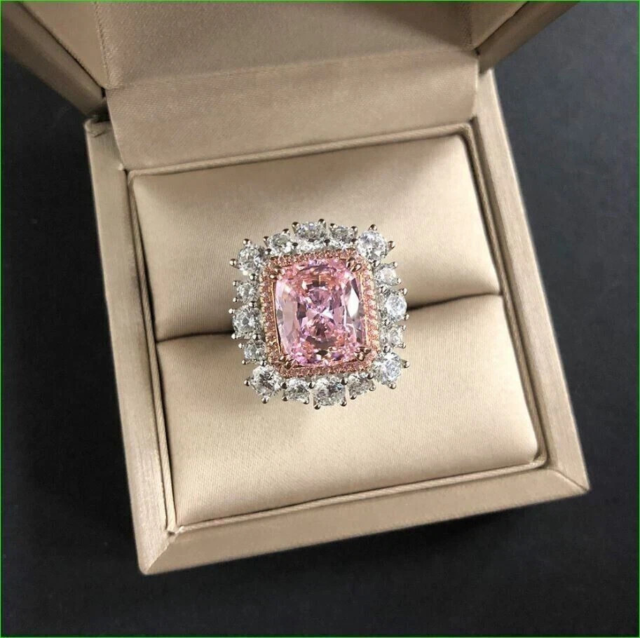 3Ct Cushion Lab Created Pink sapphire Cocktail Ring 14K White Gold Plated Silve