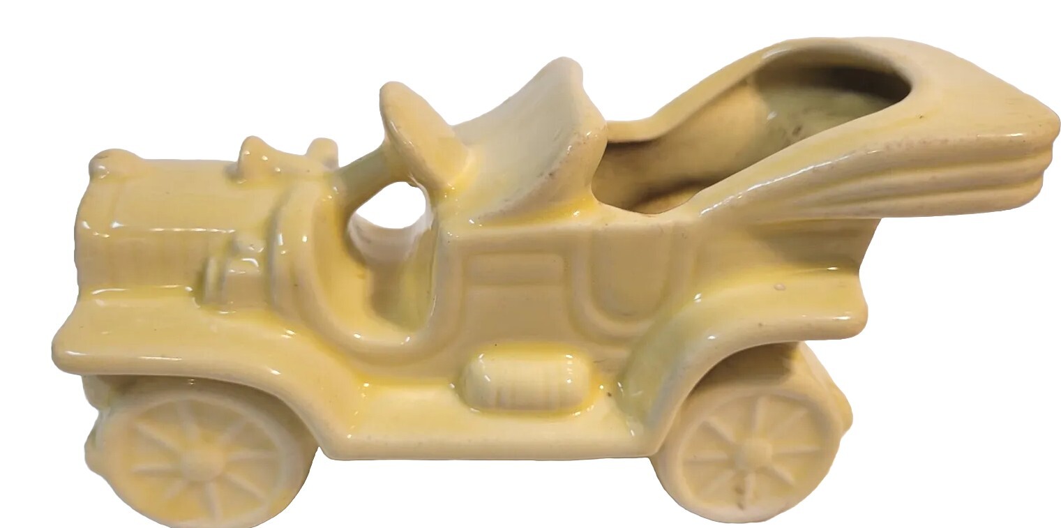VINTAGE OLD FASHIONED YELLOW CAR PLANTER 6.5" LONG NICE PRE-OWNED COND