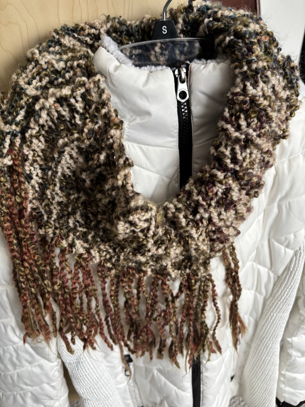 Handmade Knit Cowl Circle Scarf With Fringe Soft Tweedy Yarn 15x9 W/O 7” Fringe