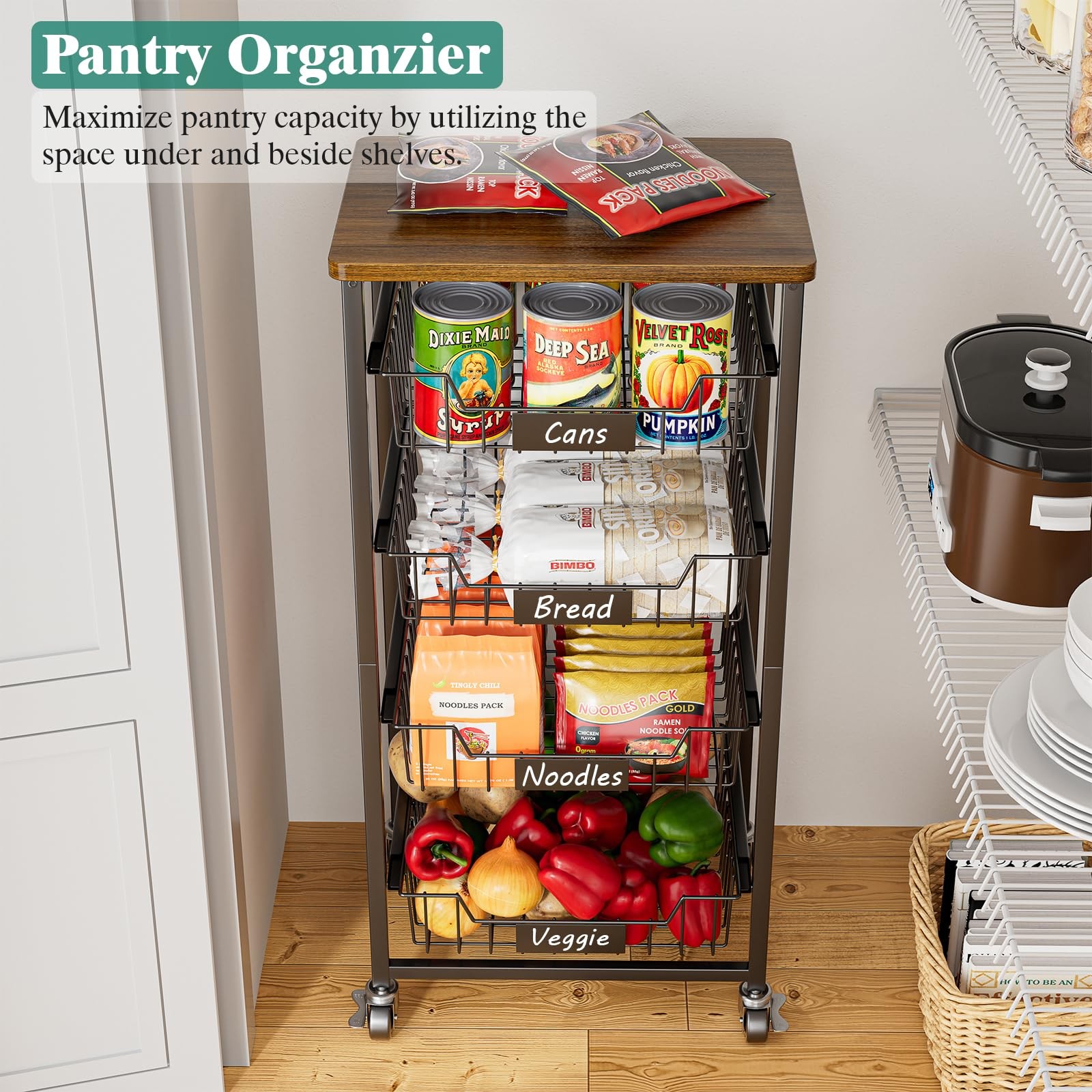 5tier Vegetable Fruit Basket Kitchen Storage Rolling Cart On Wheels With Pullout
