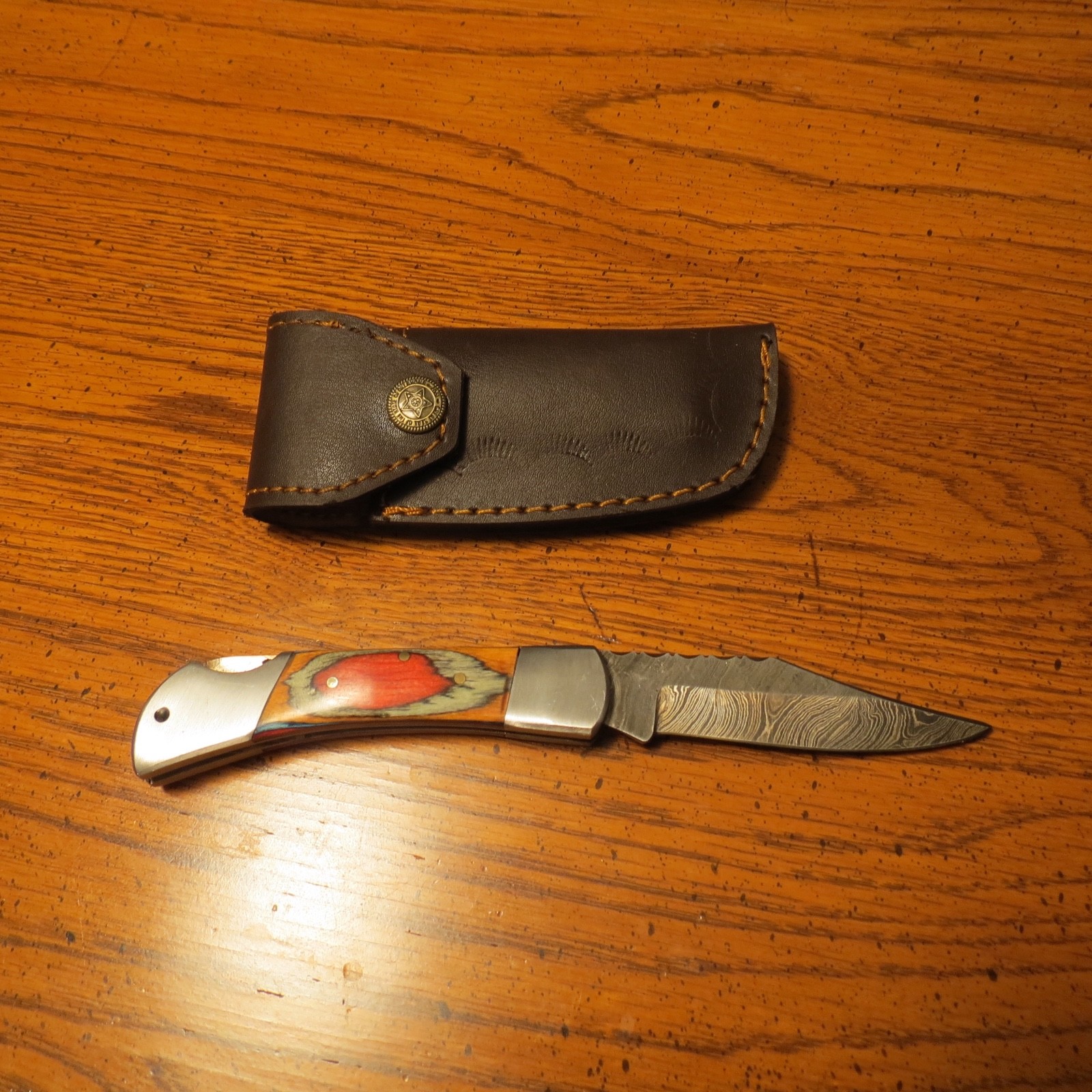 Damascus folding blade knife w laminate wood handle & leather sheath hand made