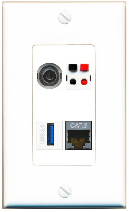 [4 Ports] 3-5MM CAT7 SPEAKER USB-3 Wall Plate DecorZ White