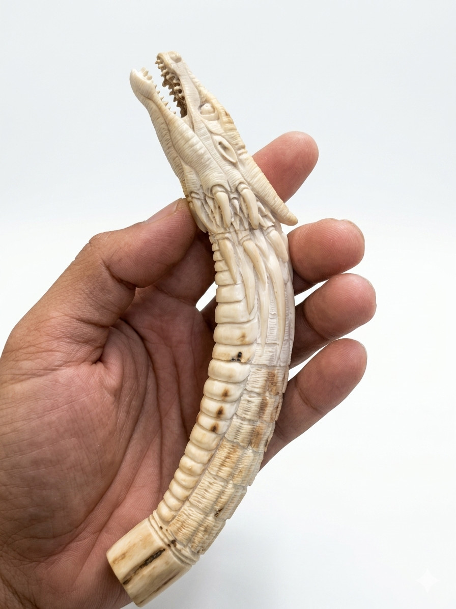 Custom Dragon Hand-Carved Stag Antler Knife Handle - Dragon Skull Motif