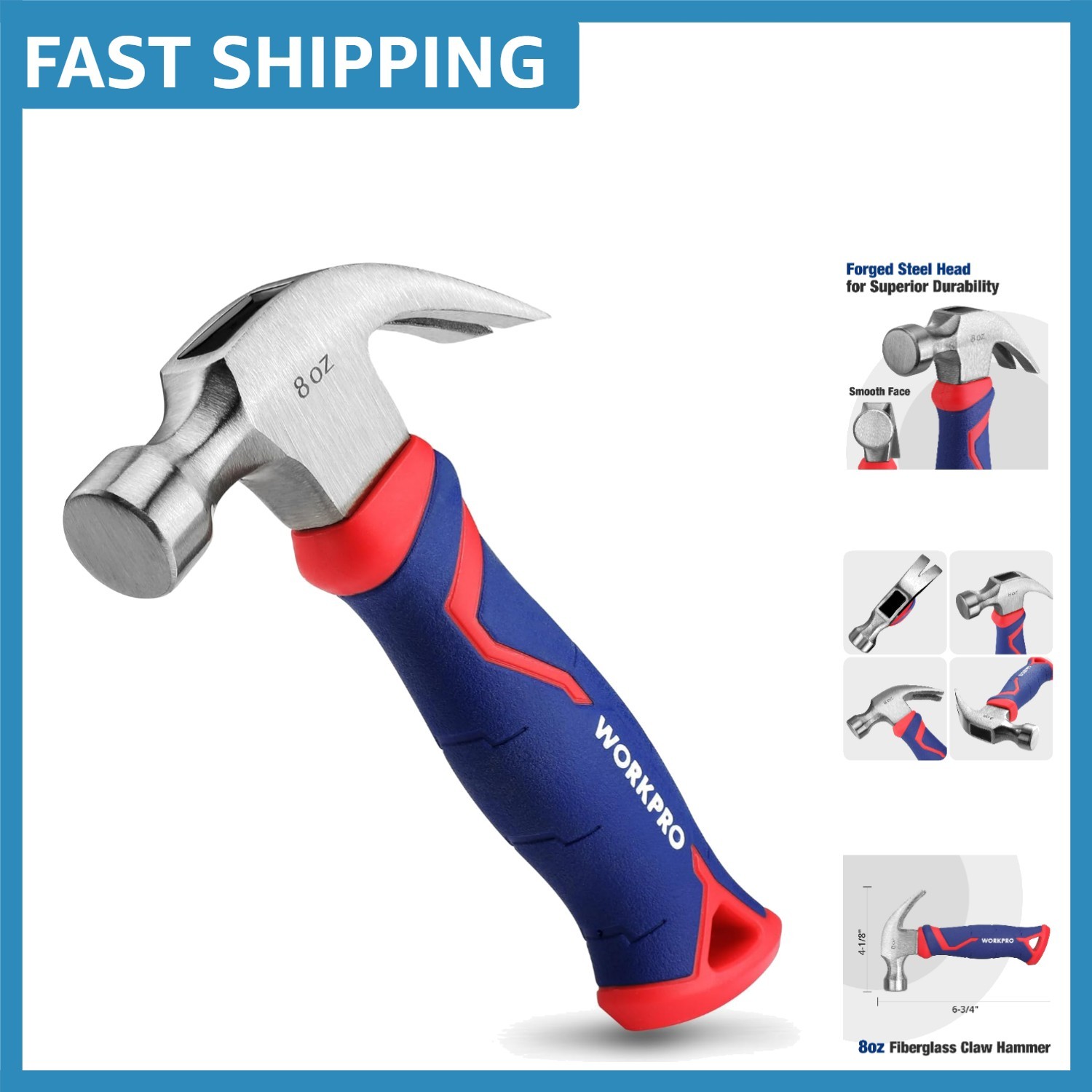 Durable 8 Oz Claw Hammer - Lightweight Fiberglass Handle & Rust-Resistant Finish