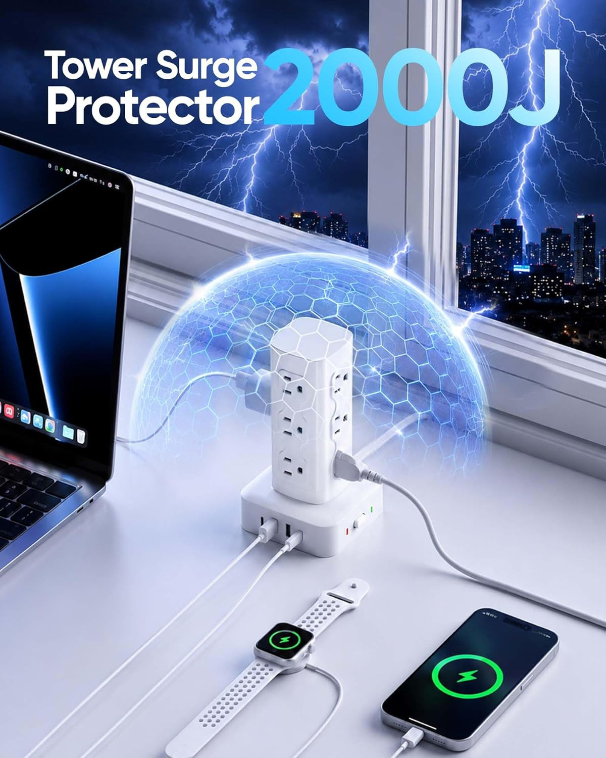 Power Strip Tower Surge Protector(2000J), Flat Plug Charging Station Tower with