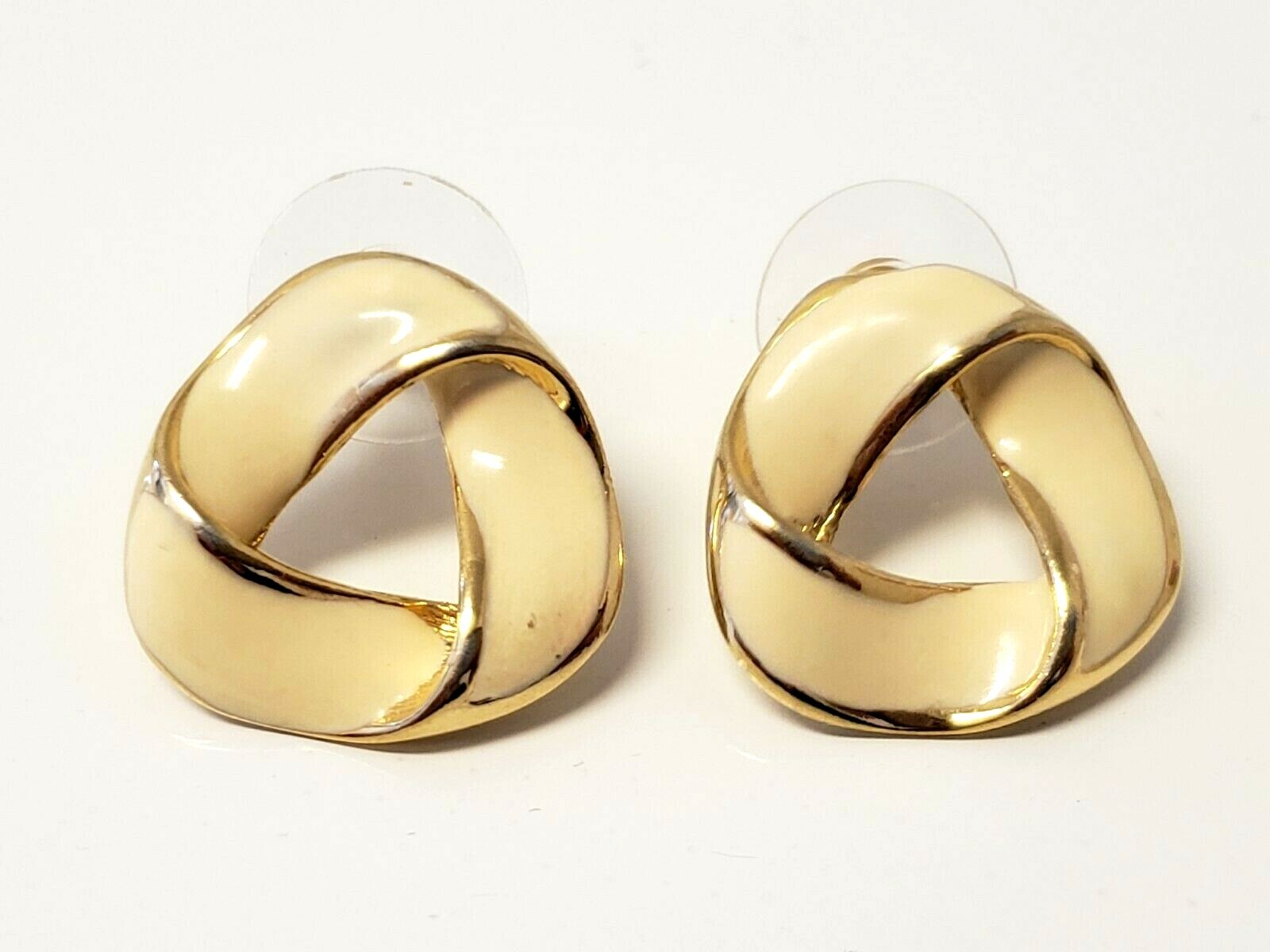 Vintage Cream Enamel Twist Triangle Gold Retro Dressy Pierced Earrings
