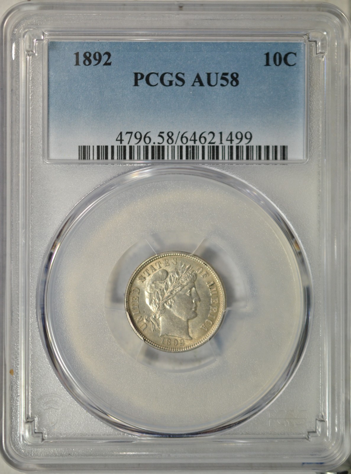 1892 Barber dime, PCGS AU58