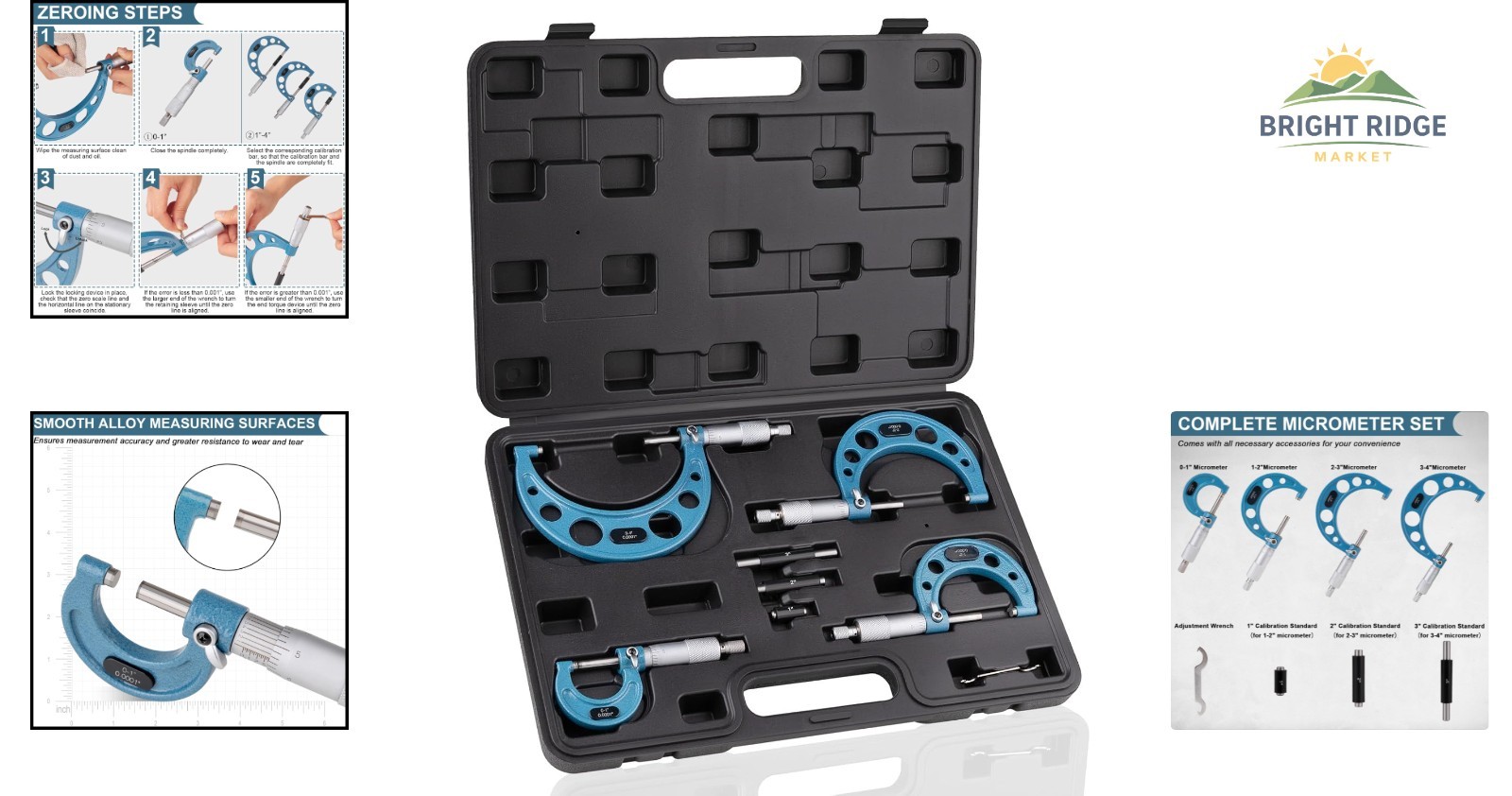 Durable 4-Piece Micrometer Set for Accurate Measurements in Various Applications