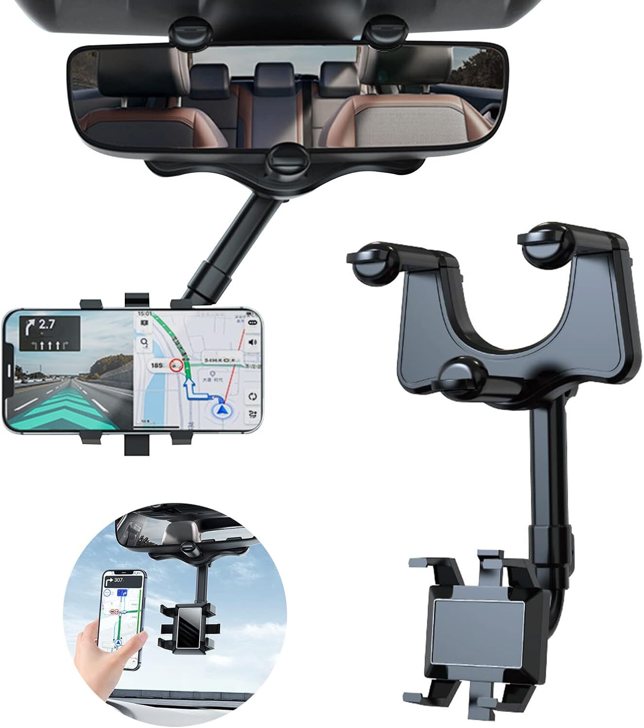 360° Rotatable Telescopic Phone Holder Stand Cradle Car Rearview Mirror Mount