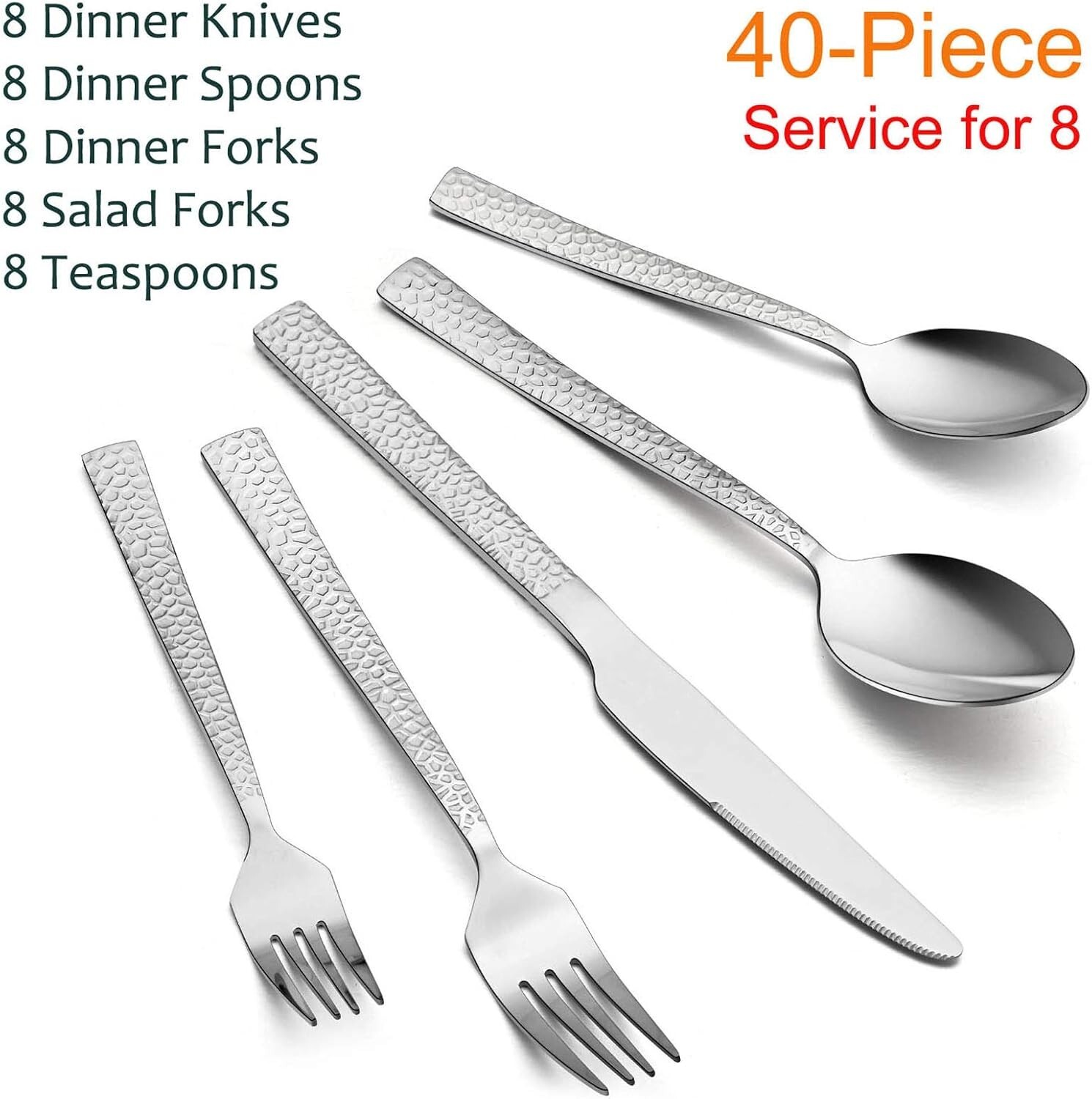 Hammered Silverware Set, 12/40-Piece Stainless Steel Square Flatware Set for 8