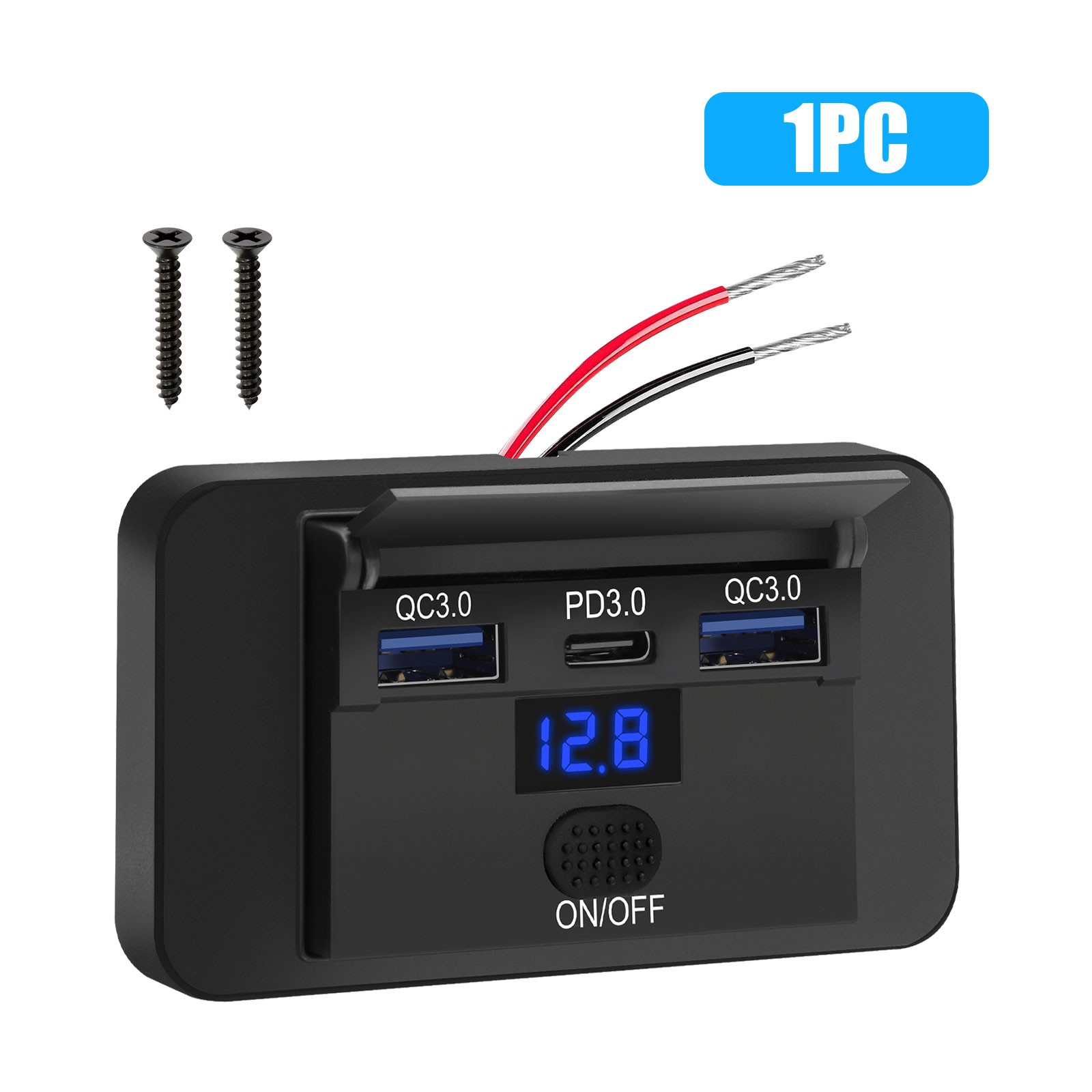 12V/24V USB Outlet USB A & C Ports Car Charger Socket Panel w/ Switch Voltmeter