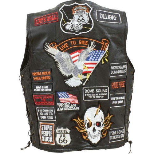 Leather Motorcycle Vest   42 Patches Live To Ride Biker's Vest Buffalo Leather
