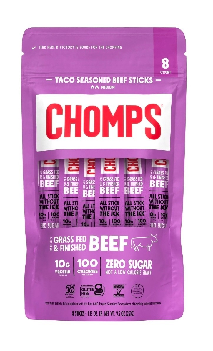 Chomps  Taco Beef Jerky Snack Sticks, 10g of Protein (8 Count) EXP 04/2026