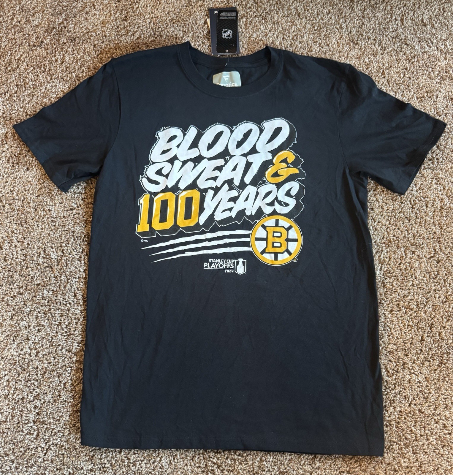Fanatics NHL Boston Bruins Men’s Med. Blood Sweat & 100 Years Black T-shirt NEW