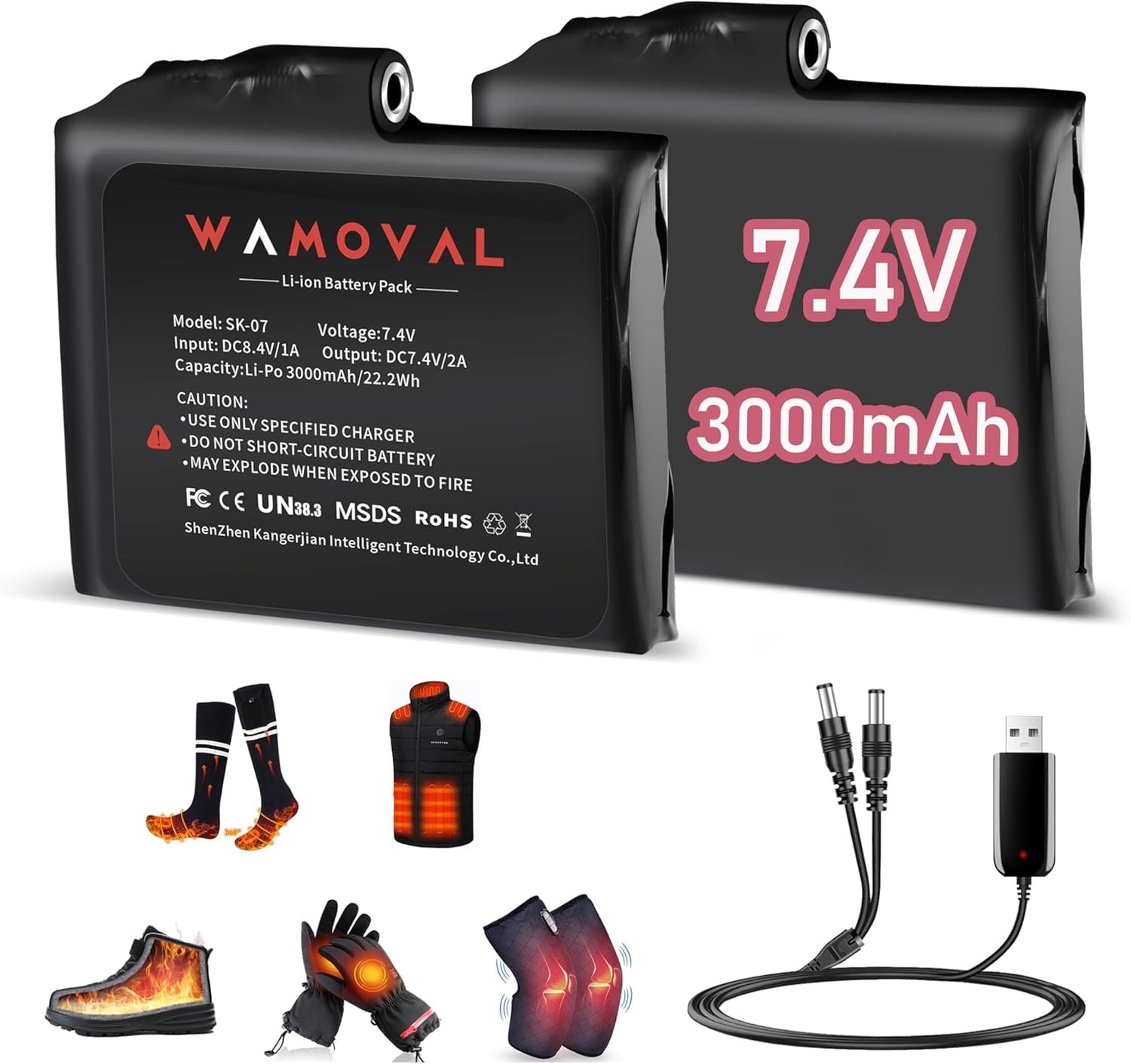 Rechargeable Battery Pack 7.4V 3000mAh 22.2Wh 2A 3.5mm DC Jack 2-Pack for