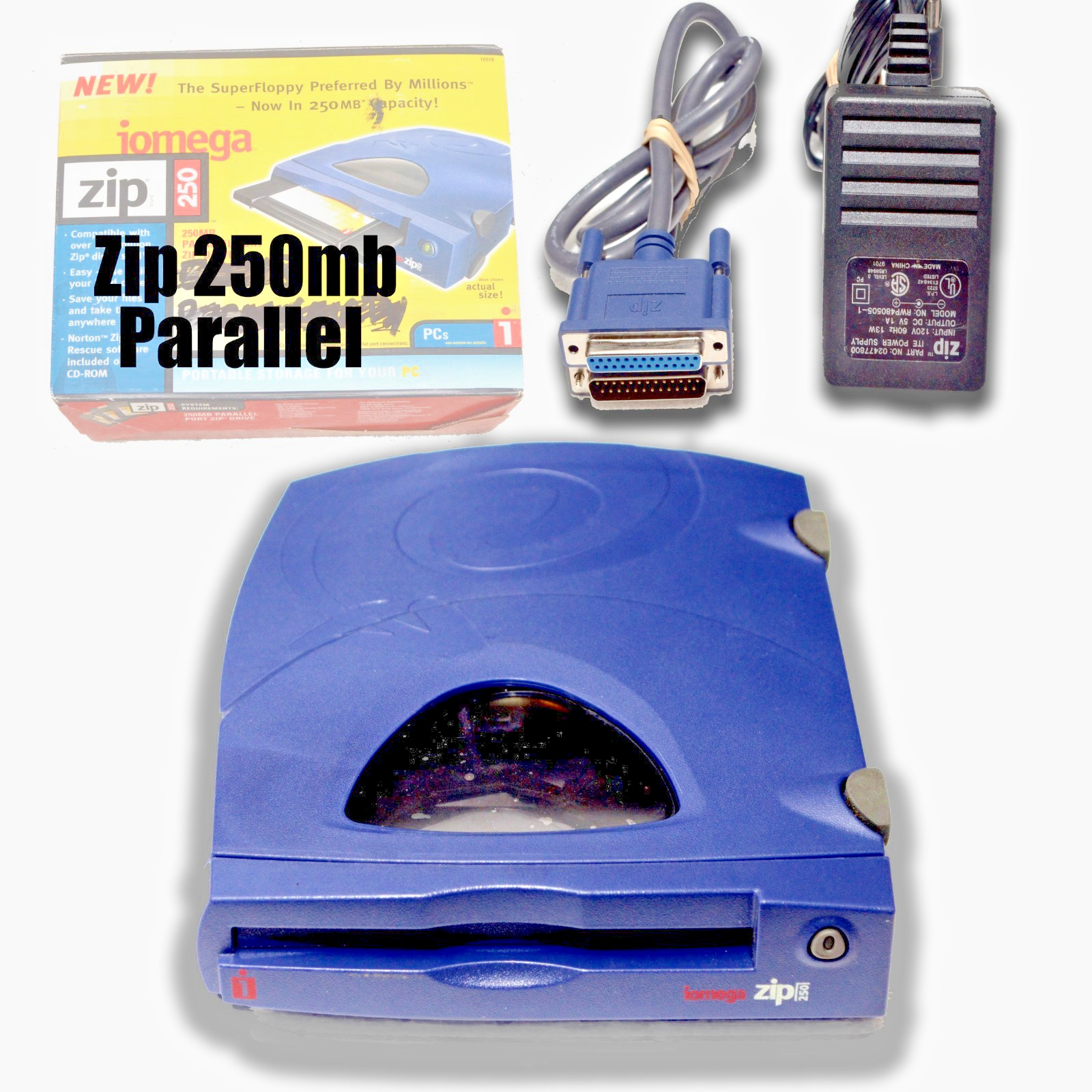 ZIP 250MB PATA Ext Drive, by IOMEGA, Bundled W/Cable, Power Supply, In Box