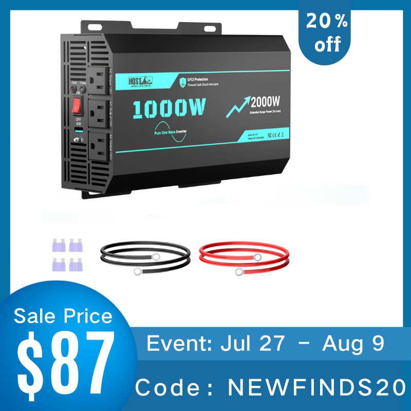 HQST 1000W Pure Sine Wave Inverter | 2000W Surge | GFCI Protected | Built for RV