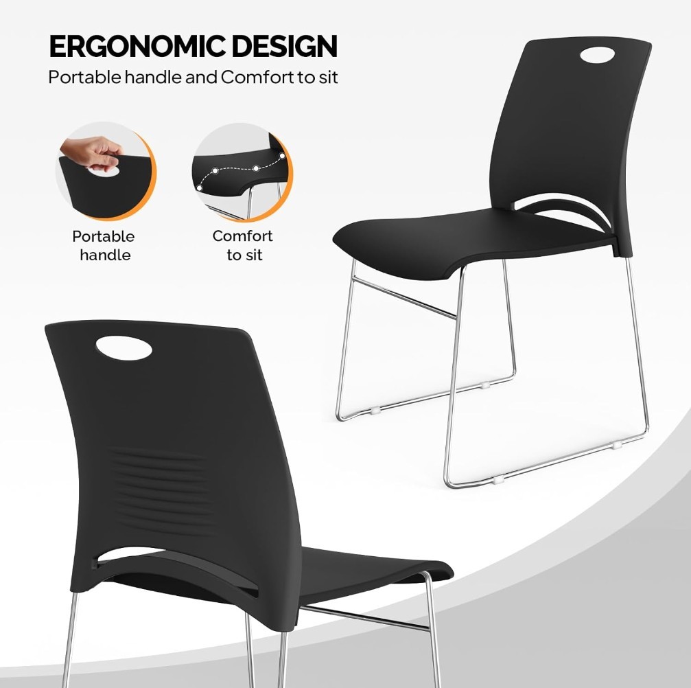 VINGLI Set Of 5 Stacking Chairs Stackable Office Chairs Metal Sled Base - Black