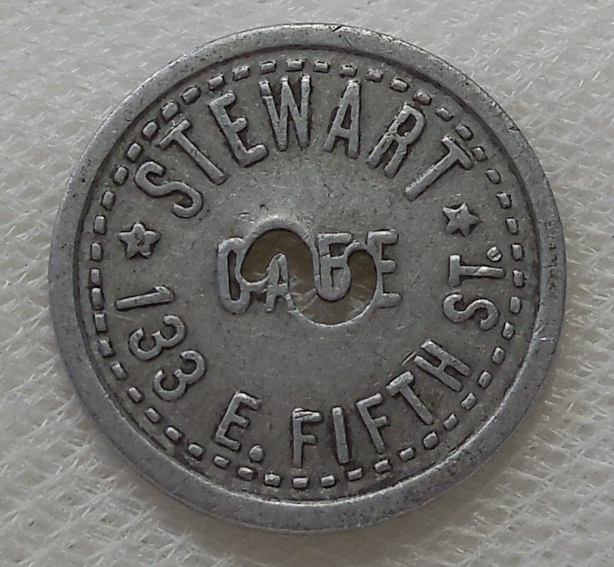 DAYTON OHIO STEWART CAFE 133 E. FIFTH ST. GOOD FOR 5¢ IN TRADE TOKEN
