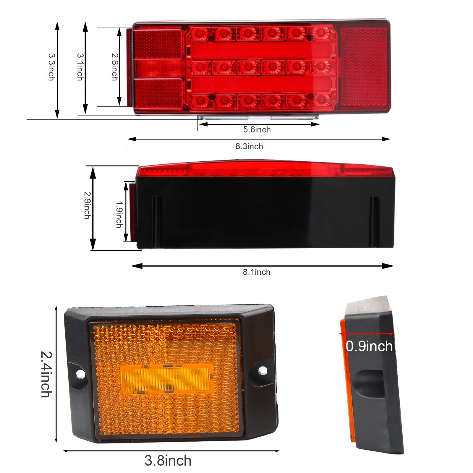 Rectangle LED Submersible Trailer Boat Stud Stop Turn Tail Lights Kit Left&Right