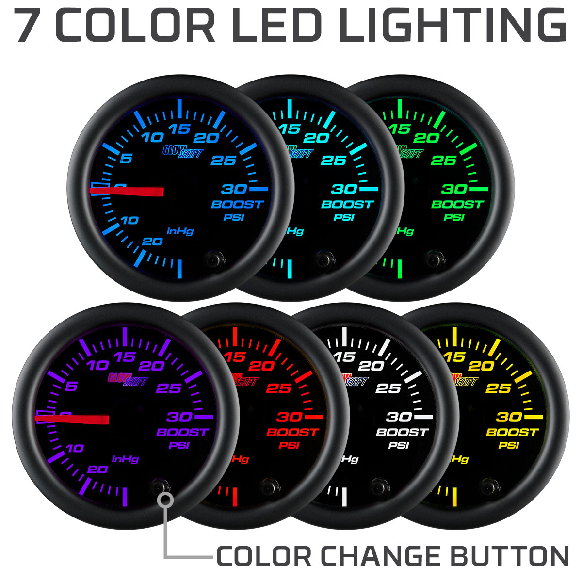 52mm Black Face Turbo Boost / Vacuum Pressure PSI Gauge w 7 Colors & Hose Kit