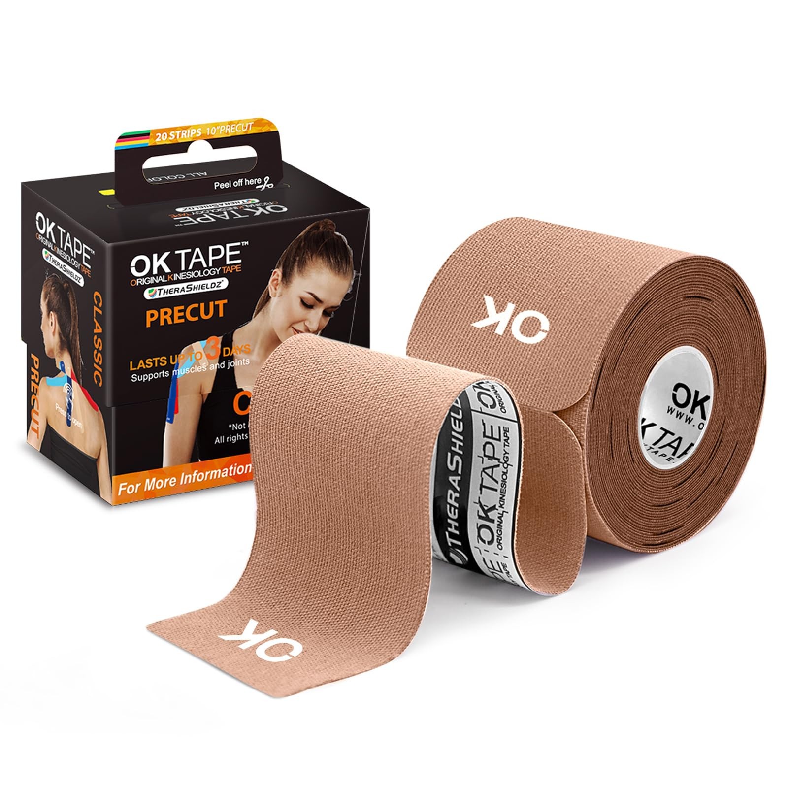 OK TAPE Kinesiology Tape 10 inches Precut, 20 20 Count (Pack of 1), Beige