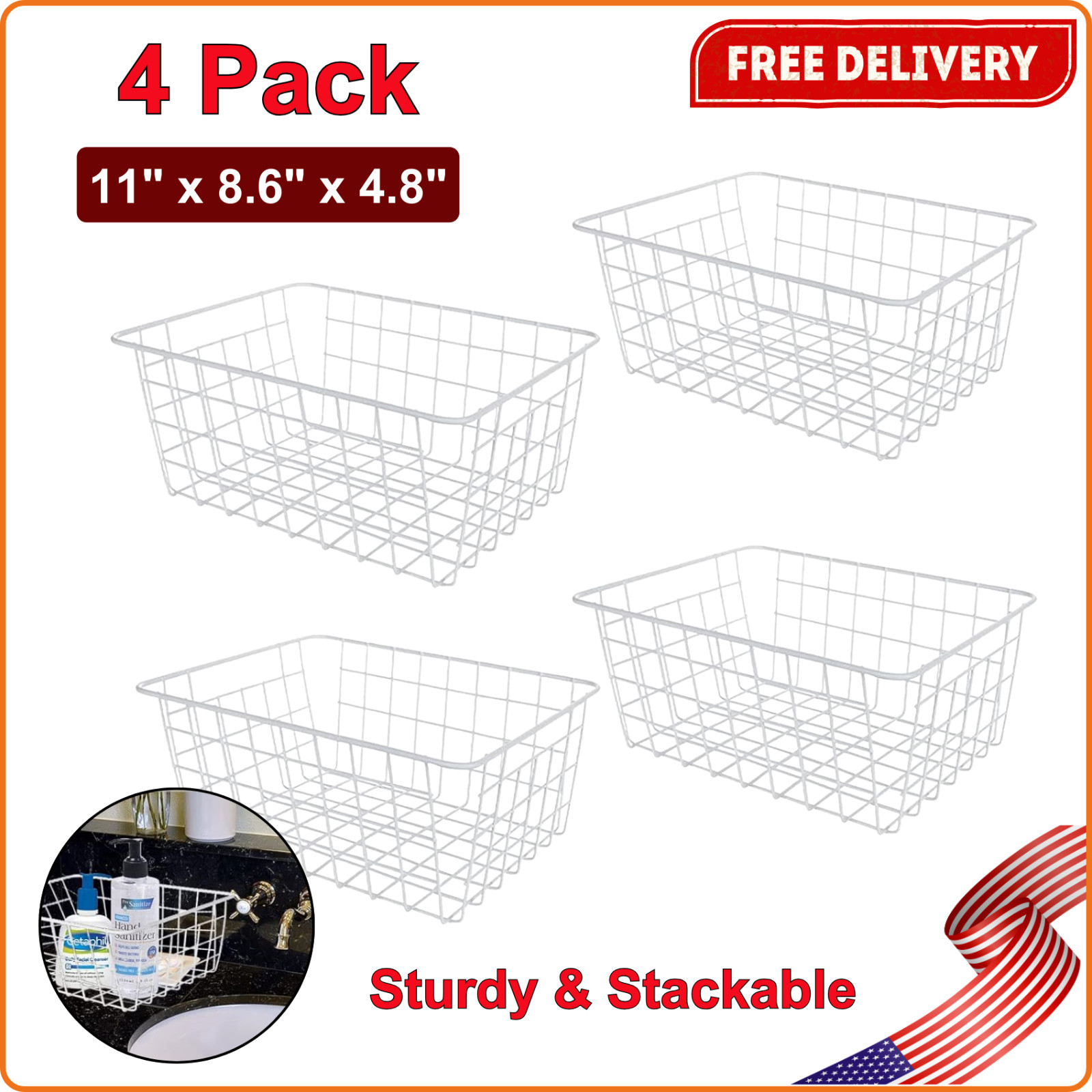 4PK Deep Freezer Organizer Bins Stackable Wire Basket For Organizing BMetal Wire