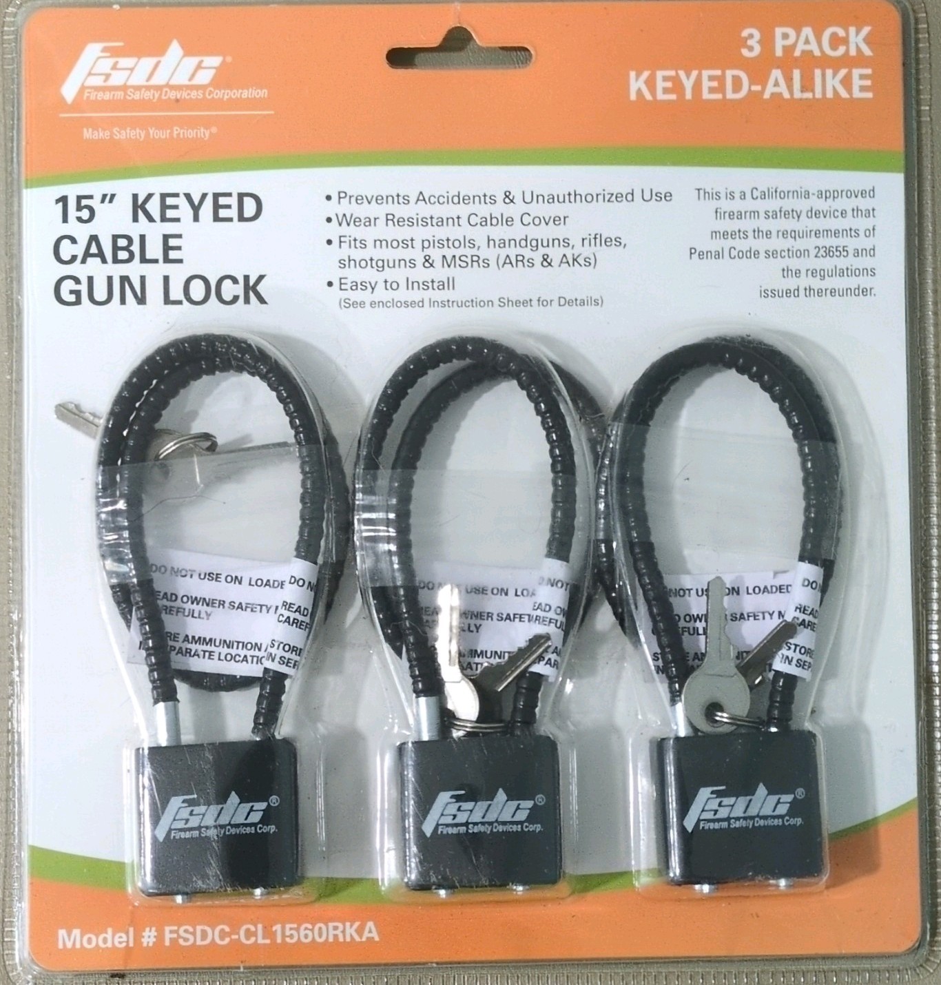 NEW in package FSDC 15" Keyed Cable Gun Lock 3 Pack Model FSDC-CL1560RKA