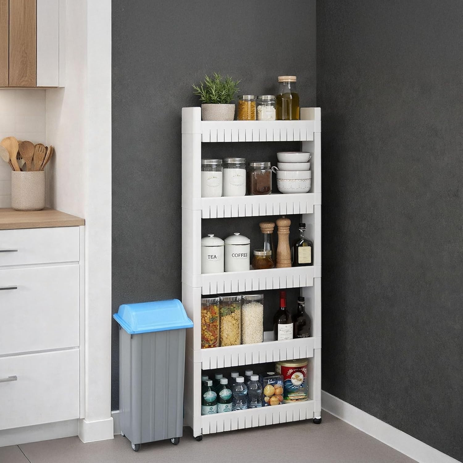Mobile 5-Tier Slim Storage Tower - Perfect for Tight Spaces & Easy Access