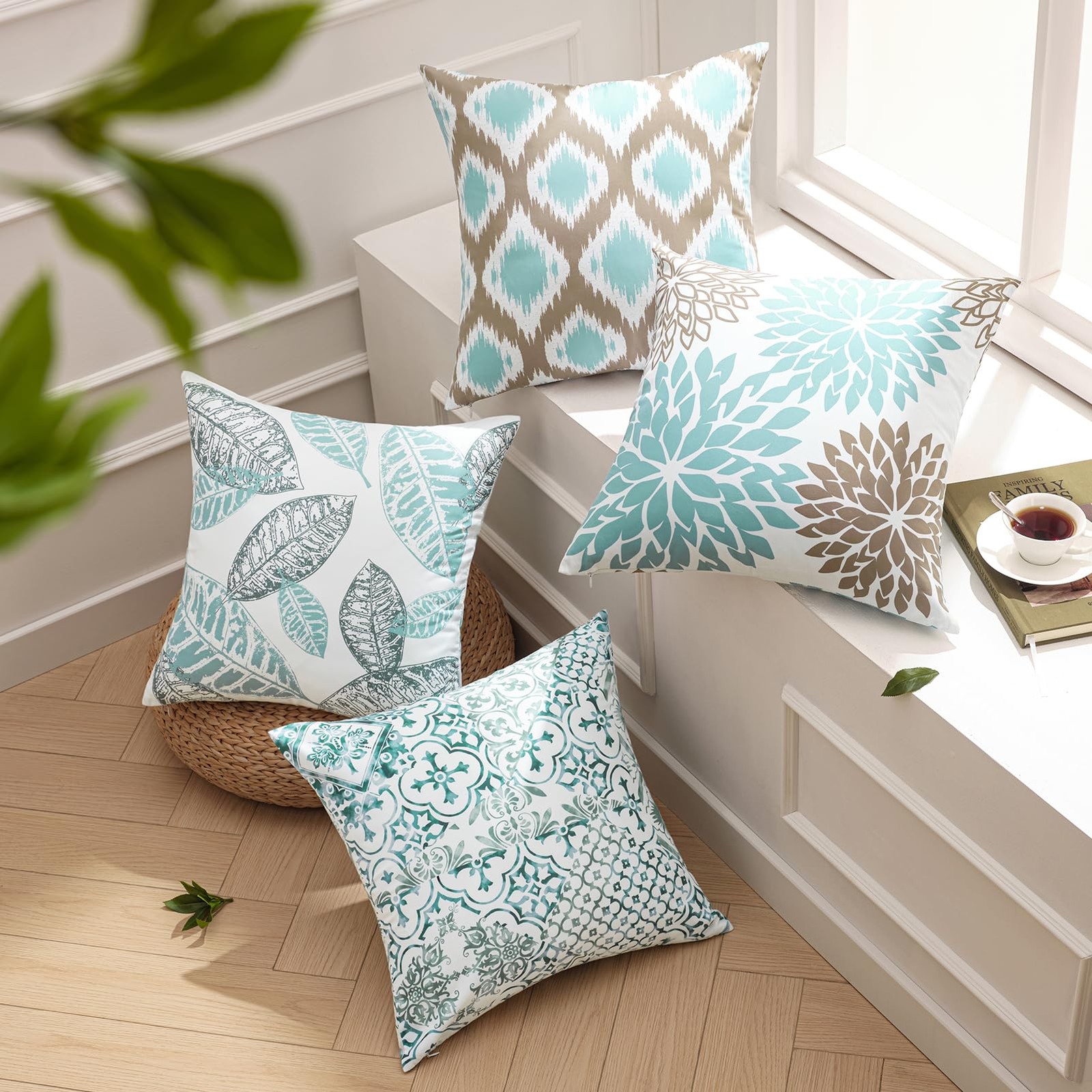 Set of 4 New Living Series Decorative Blue and Coffee Throw Pillow Case Cushi...