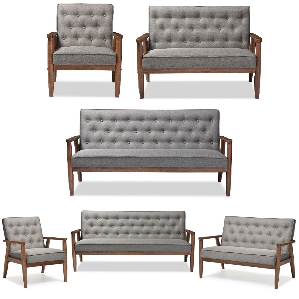 Mid-Century Dark Walnut Finished Gray Fabric Sofa, Loveseat, Chair or Set of all
