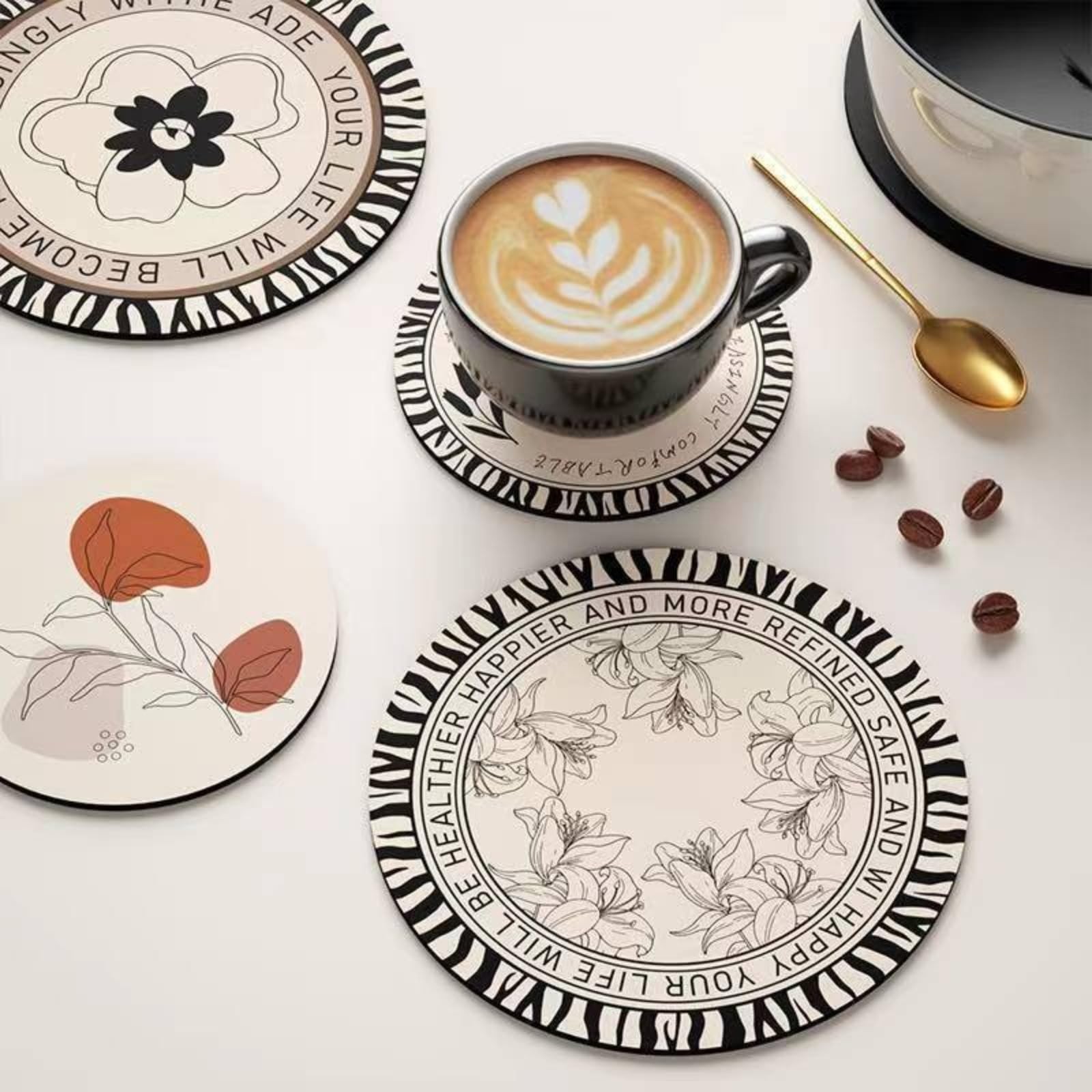 Boho Vintage Ceramic Coasters Cork Backing Neutral Floral Geometric Pattern Set