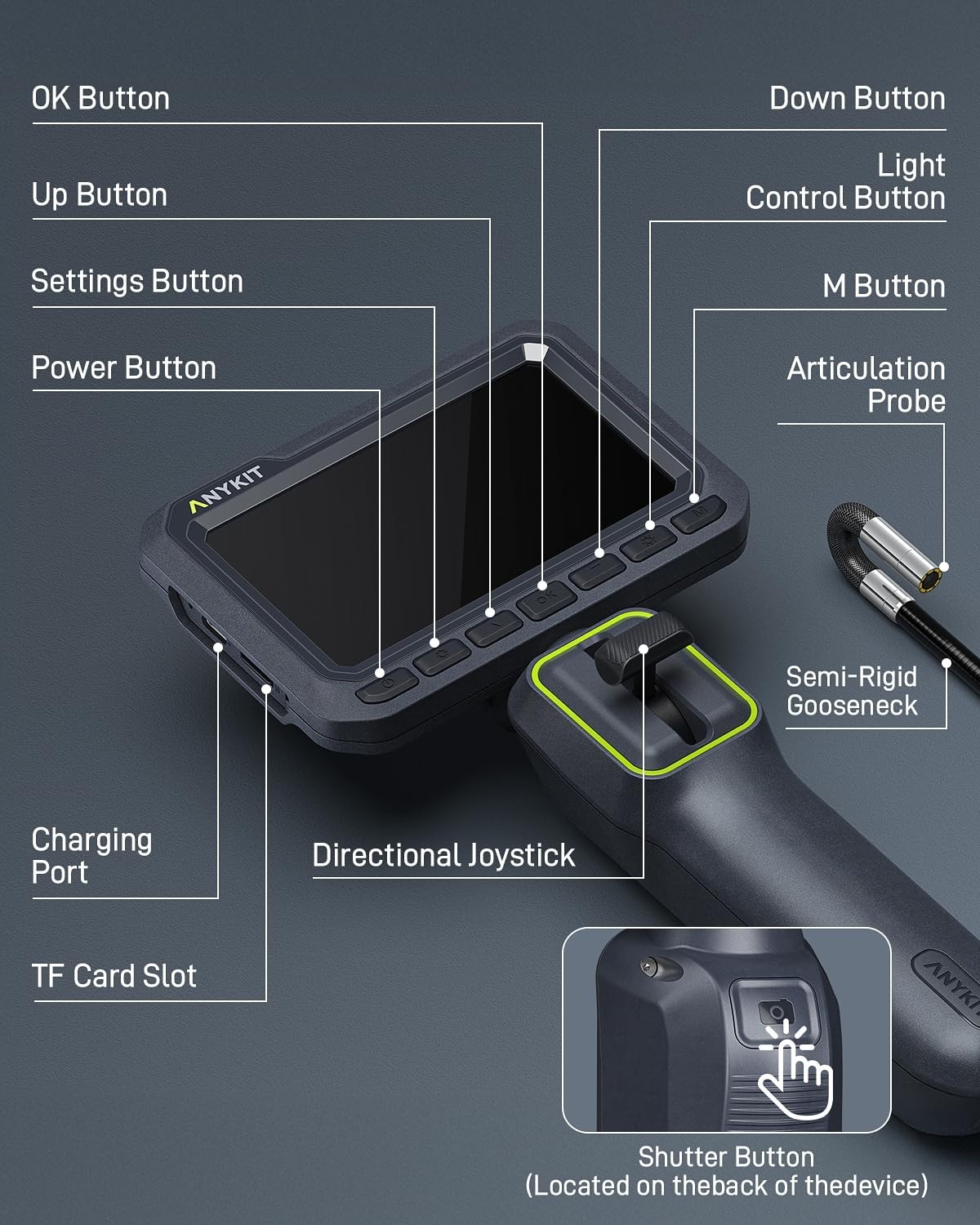 Anykit Articulating Borescope 210° Two-Way 0.22in Slim Probe Endoscope 4.3" IPS