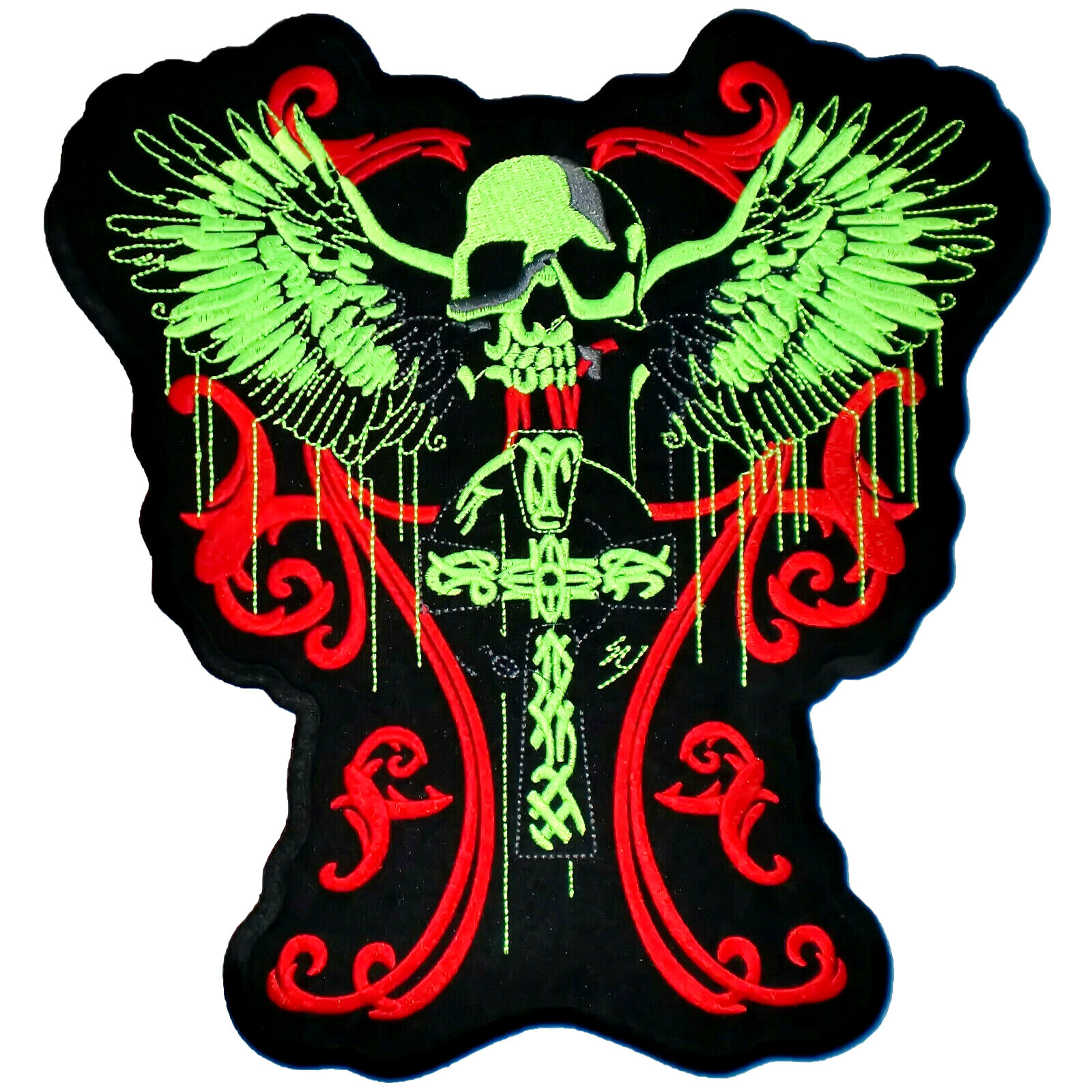 LARGE Skull Wings Celtic Cross Angel Green Glow Jacket Vest Biker Back Patch