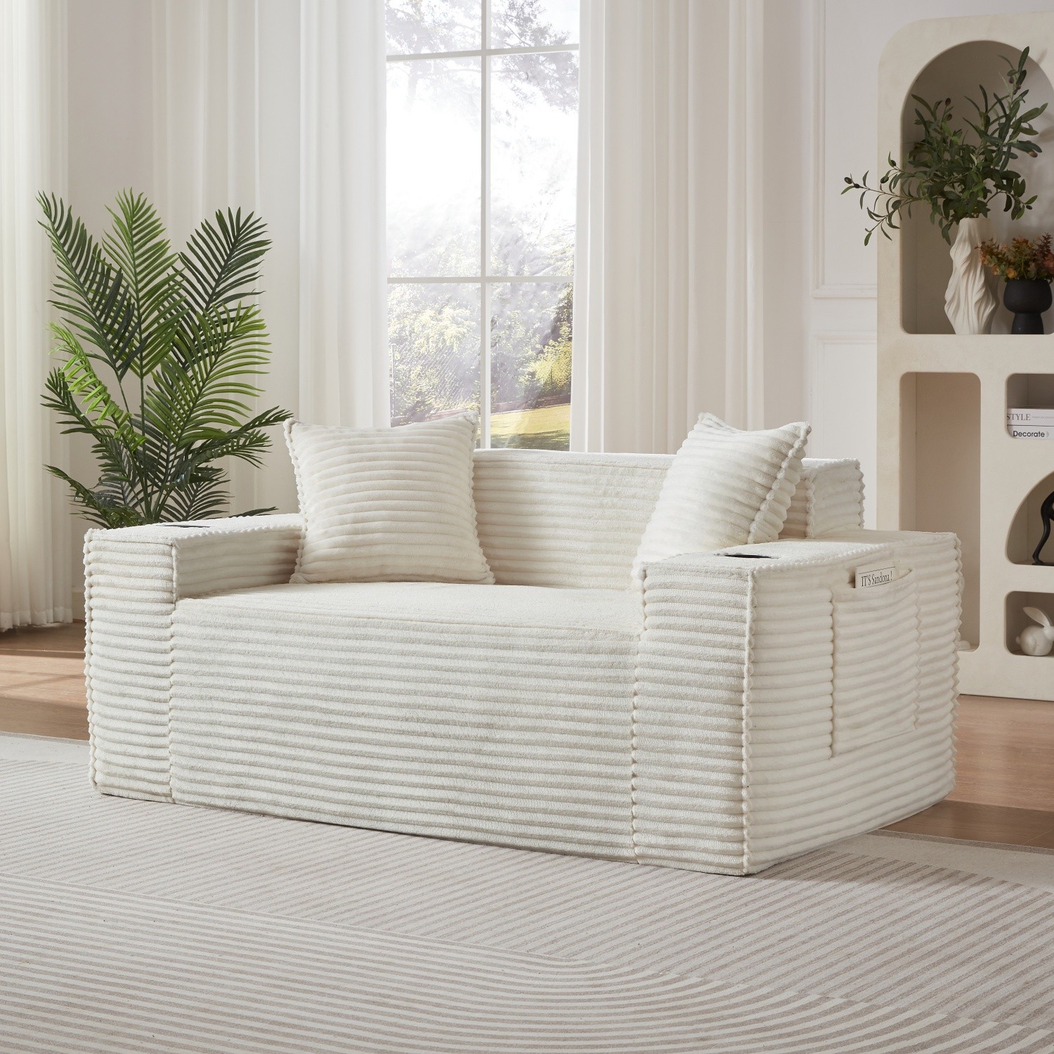 No Assembly Floor Loveseat 2Seater Corduroy Sofa w/ Cup Holders for Apartments