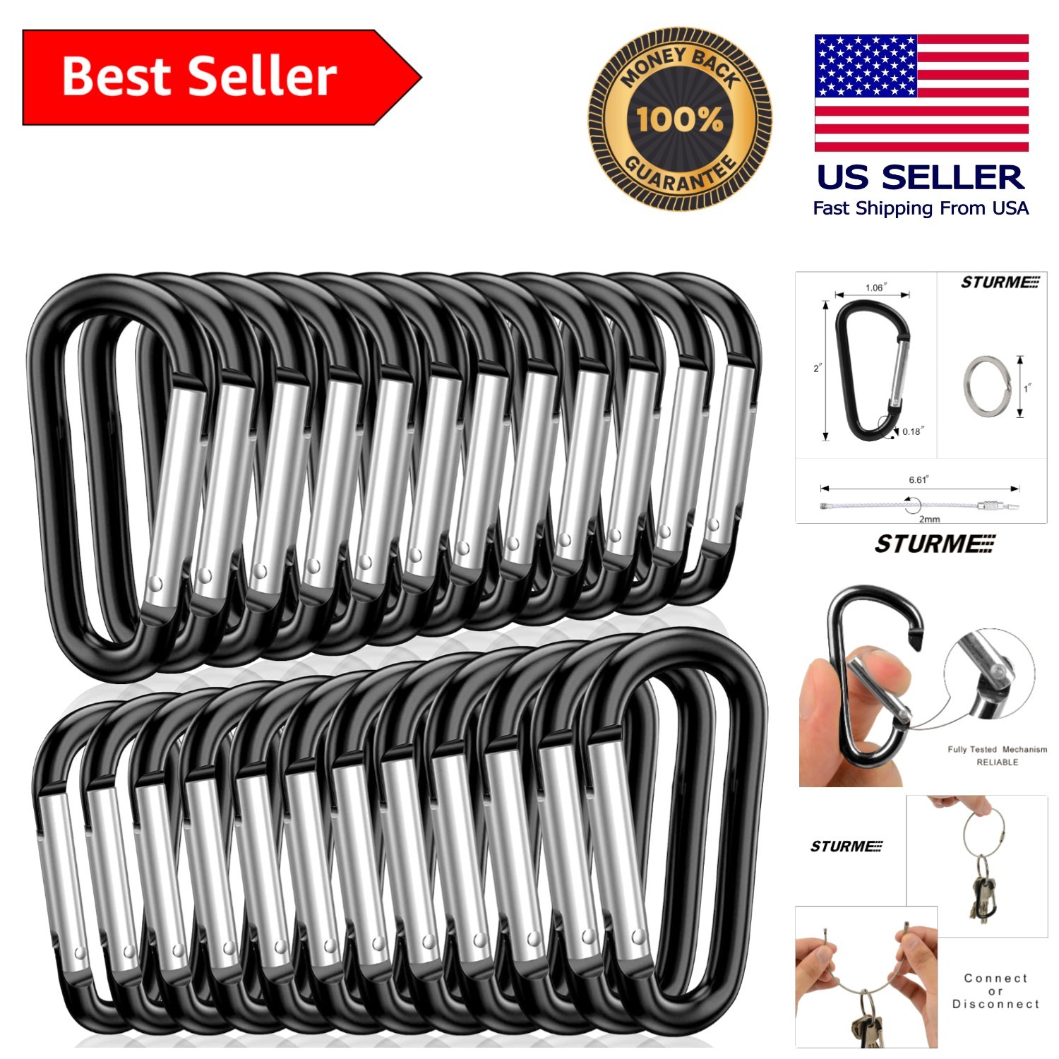 Compact and Durable 2" D-Ring Carabiner Clip Set for Outdoor Adventures - 24 PCS