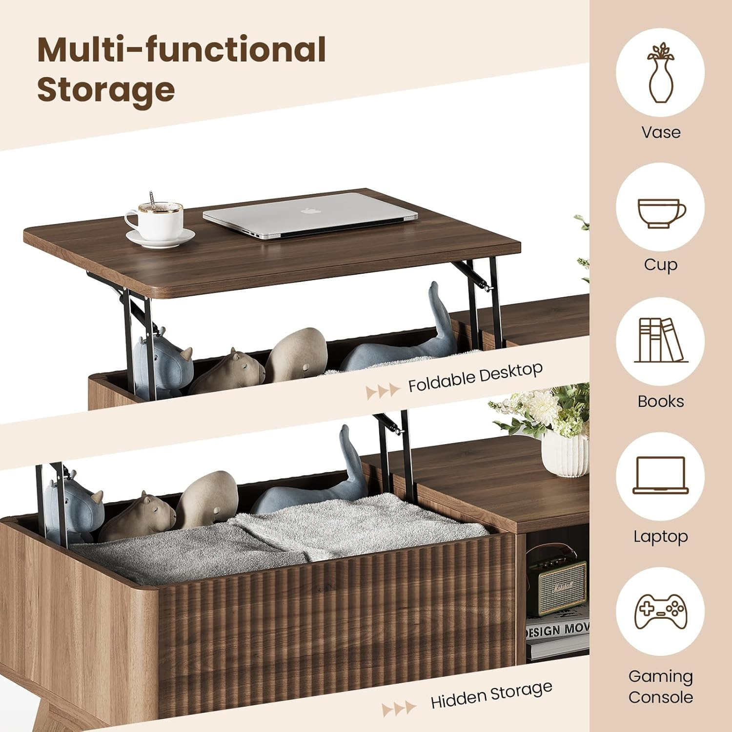 Fluted Coffee Table with Hidden Storage,Modern Wood Coffeetable with Open Shelf,