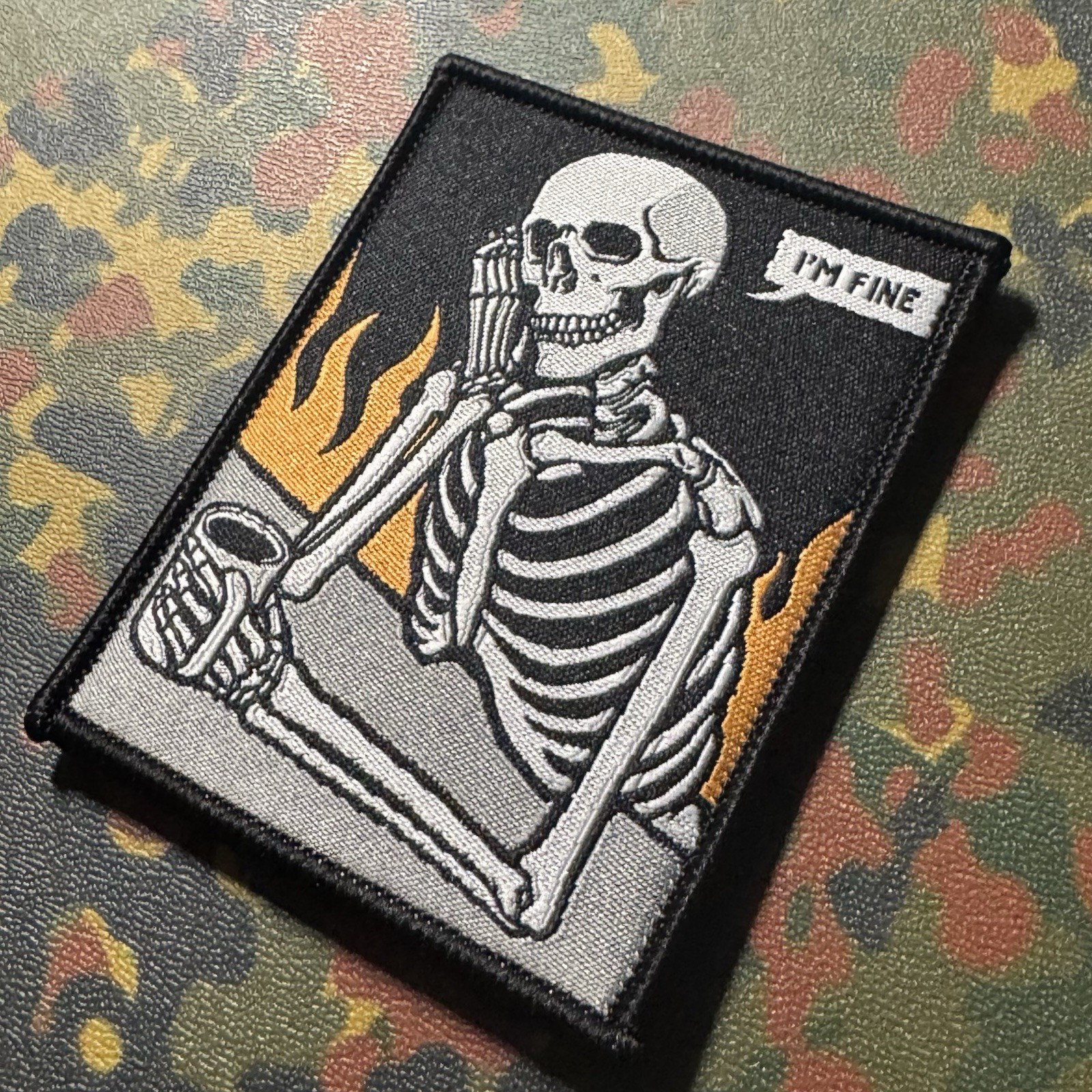 🔥💀☕️ I’M FINE SKELETON MEME Woven Patch Hook/Loop Back FUNNY INTERNET COFFEE