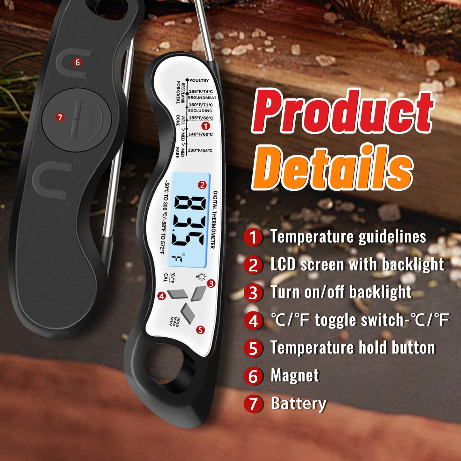 Meat Thermometer, IP67 Waterproof Digital Meat Thermometer with Backlight, Ho...