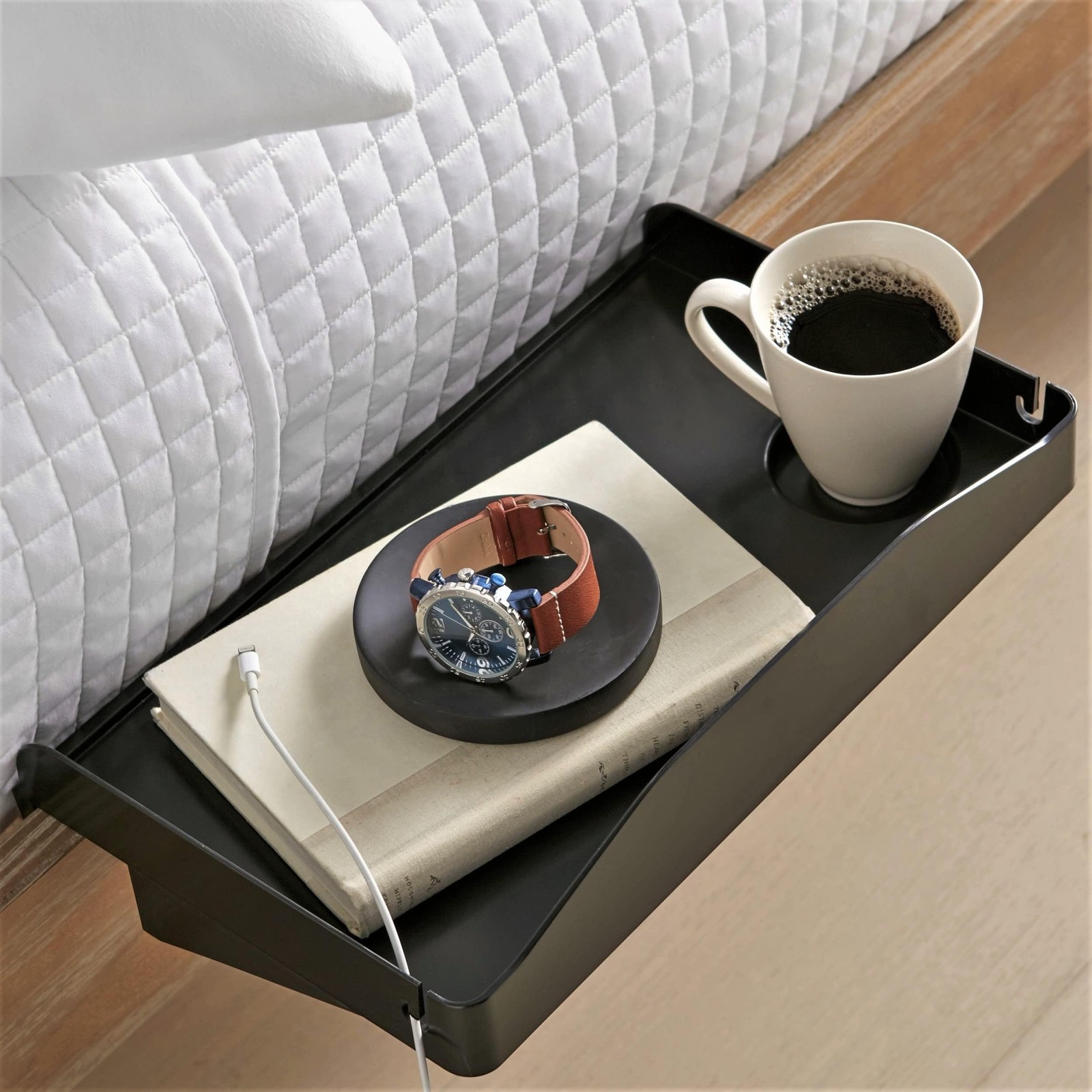 Clip-On Bunk Bed Shelf Caddy - Nightstand Tray w/ Cup  Cord Black