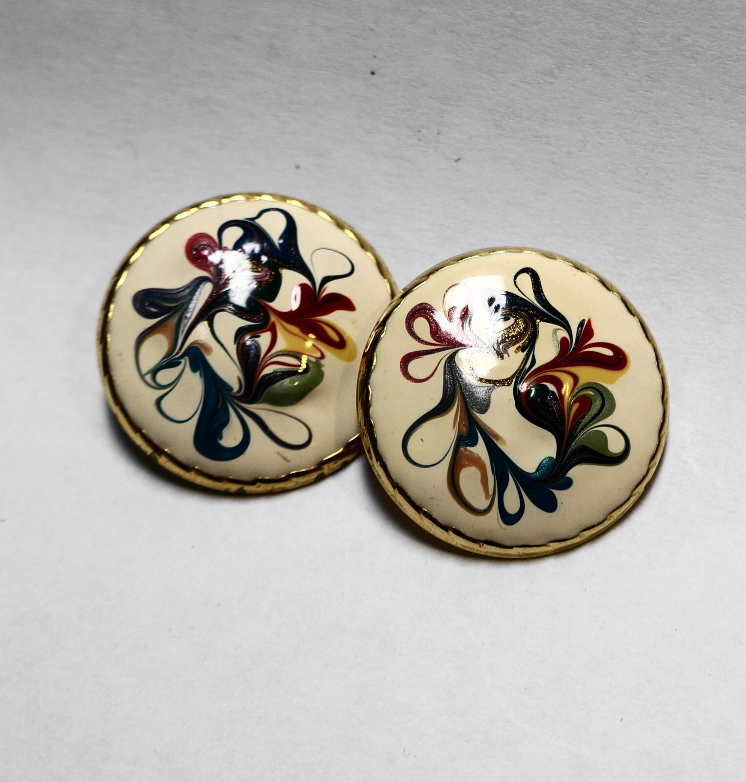 Cream Multicolor Abstract Swirl Clip Earrings
