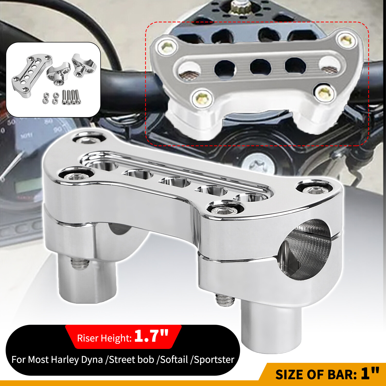 1.7" Handlebar Risers W/ Top Clamp For Harley 1" Bar Dyna Street bob Softail XL