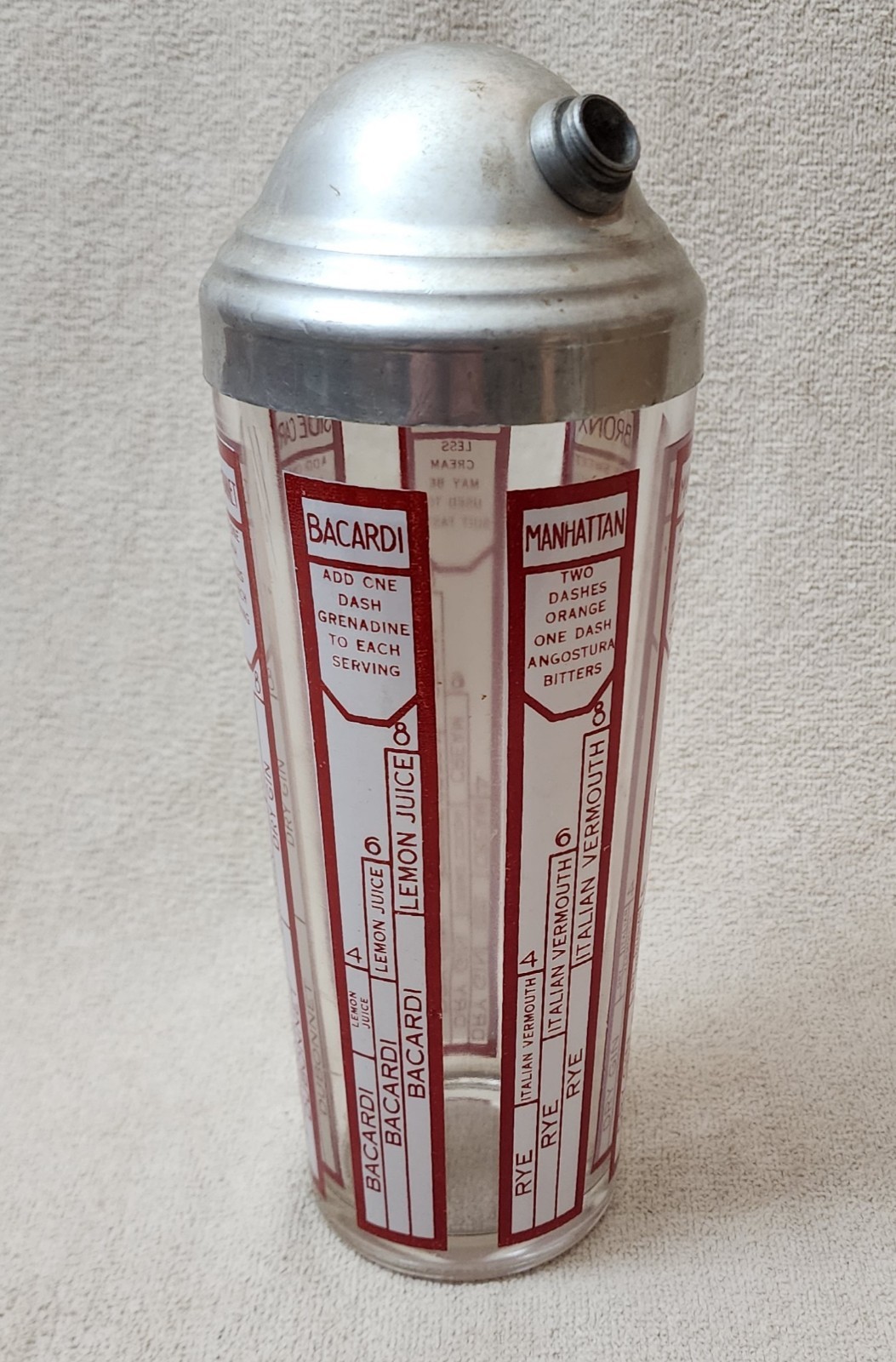 Mid Century Glass Cocktail Shaker Red White Recipes with Lid No Cap