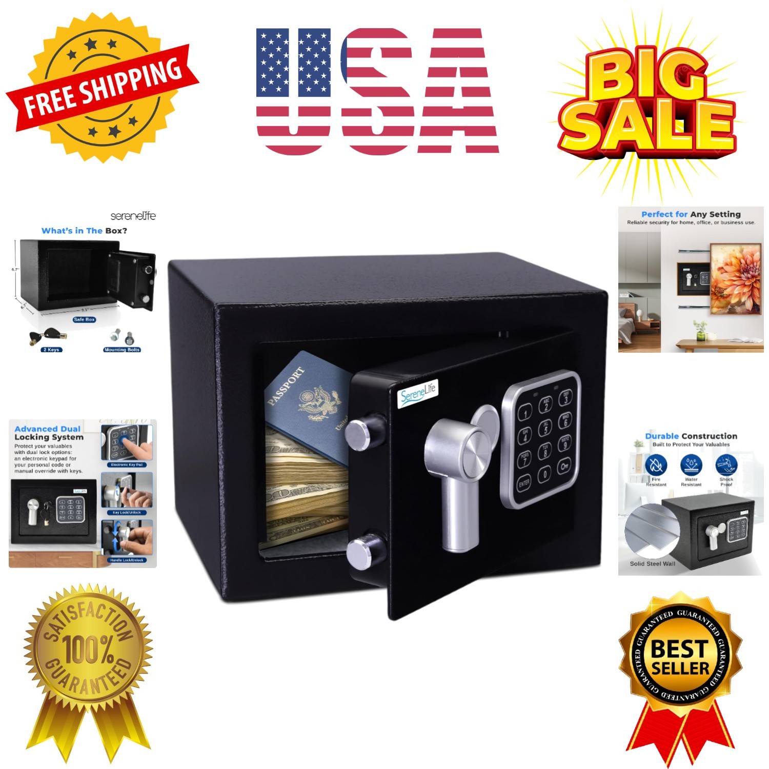 Steel Digital Safe Box - 9.1" x 6.7" x 6.7" | Secure Storage for Cash, Firear...
