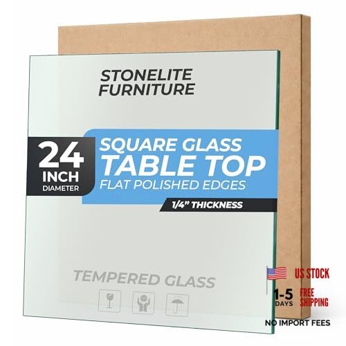 STONELITE FURNITURE 24" inch Square Tempered Glass Table Top 24 Inch Square 1/4