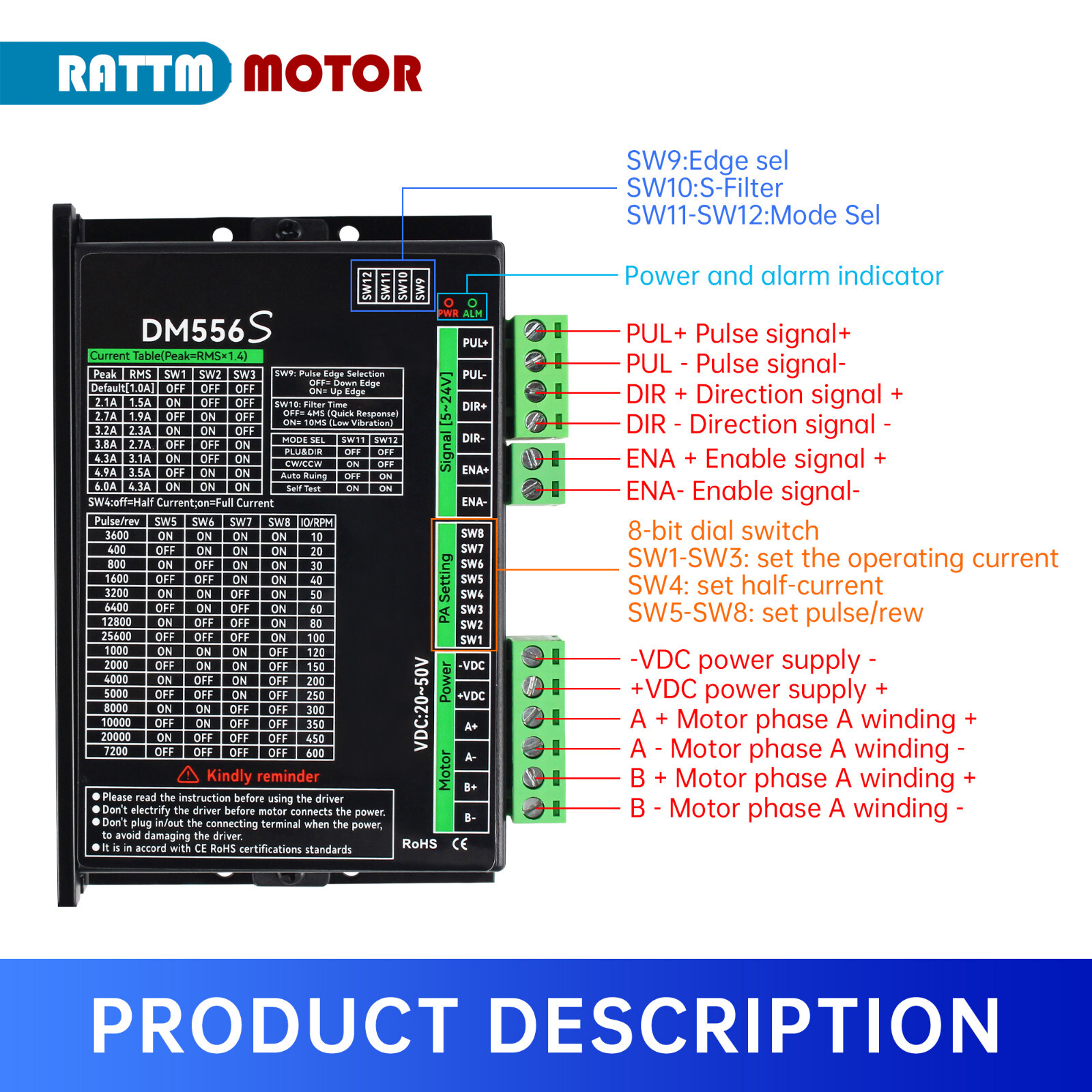 【US】 DM556S Stepper Motor Driver 20-50V DC 256 microstep 1-6A for Nema17/23/34