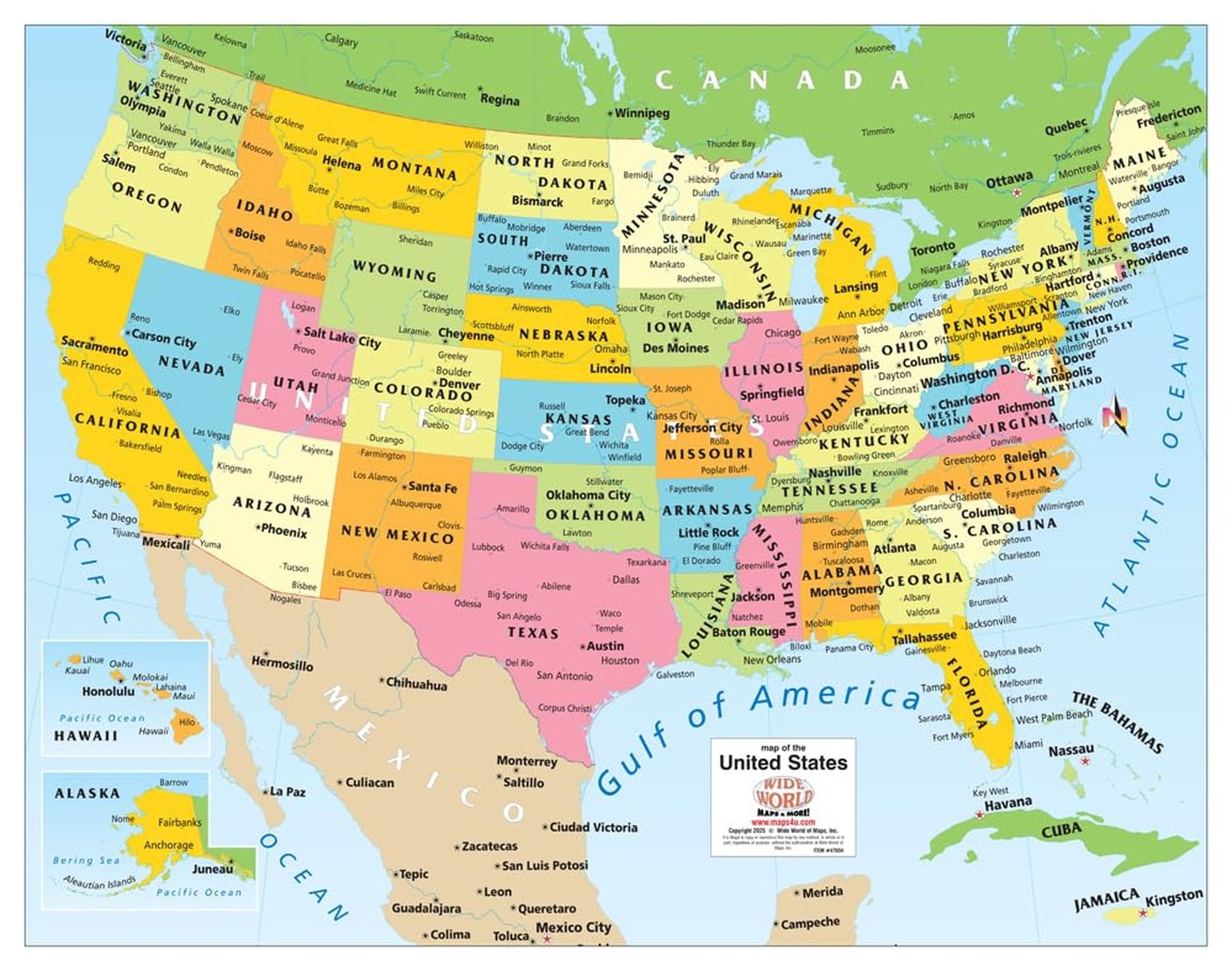 Colorful United States Wall Map showing Gulf of America (25" × 19")