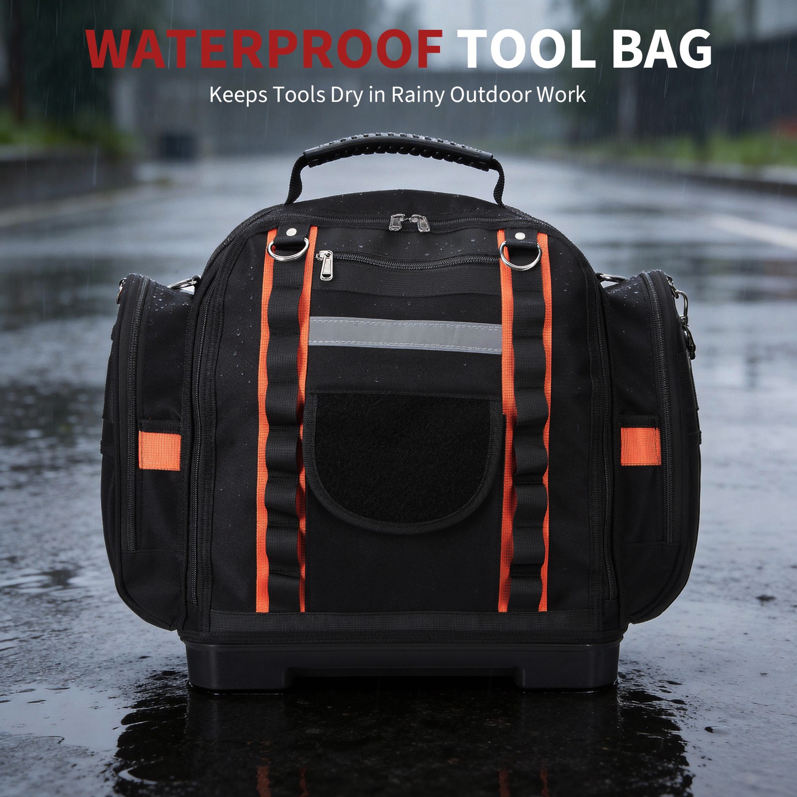 Polyester Tool Bag 15.7" with Rubber Base, 21 Pockets, Removable Shoulder Strap